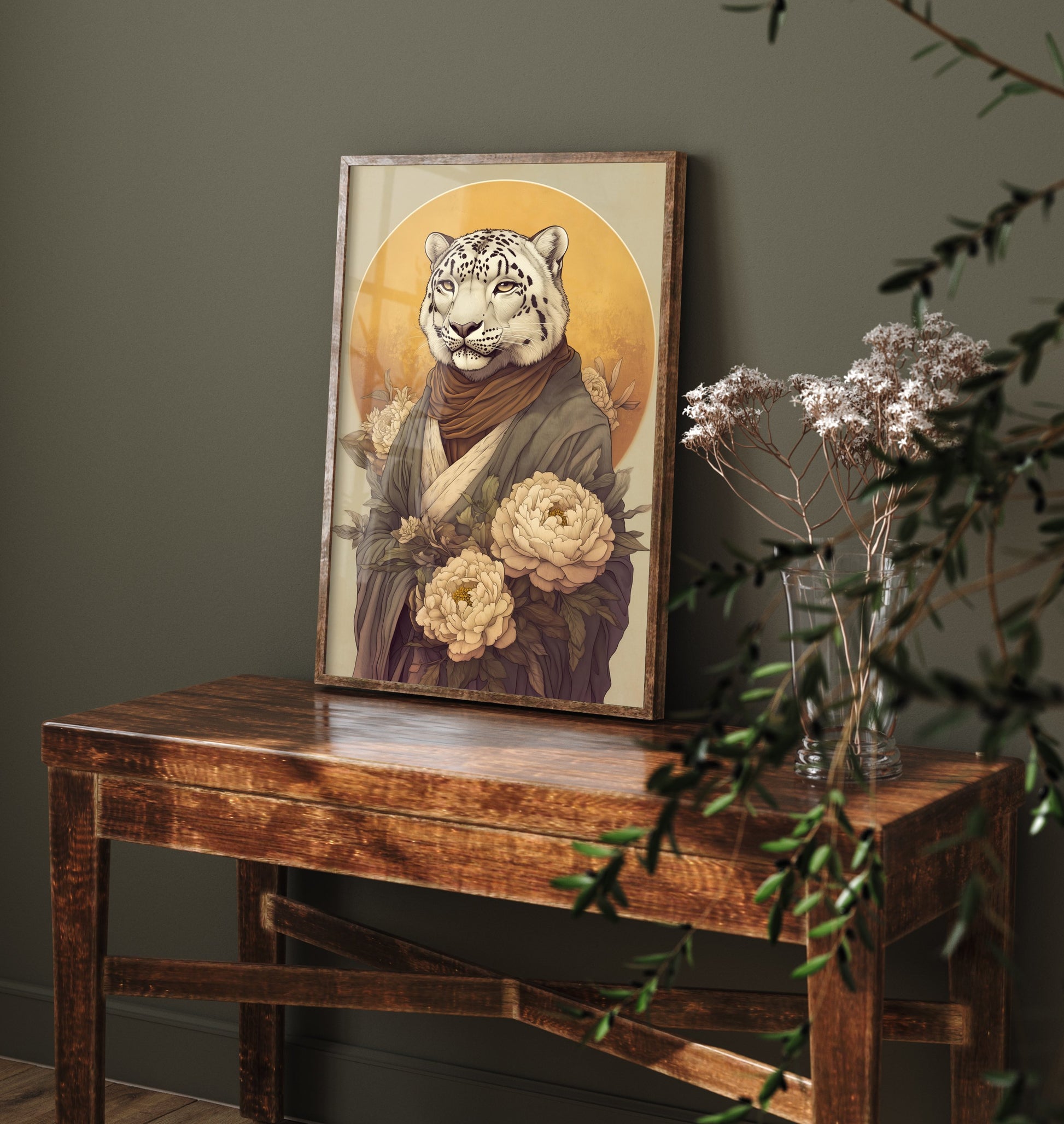 Snow Leopard Art Print - Whimsical Animal in Robe Poster - Floral Illustration - Mountain Guardian Wall Art 2/3