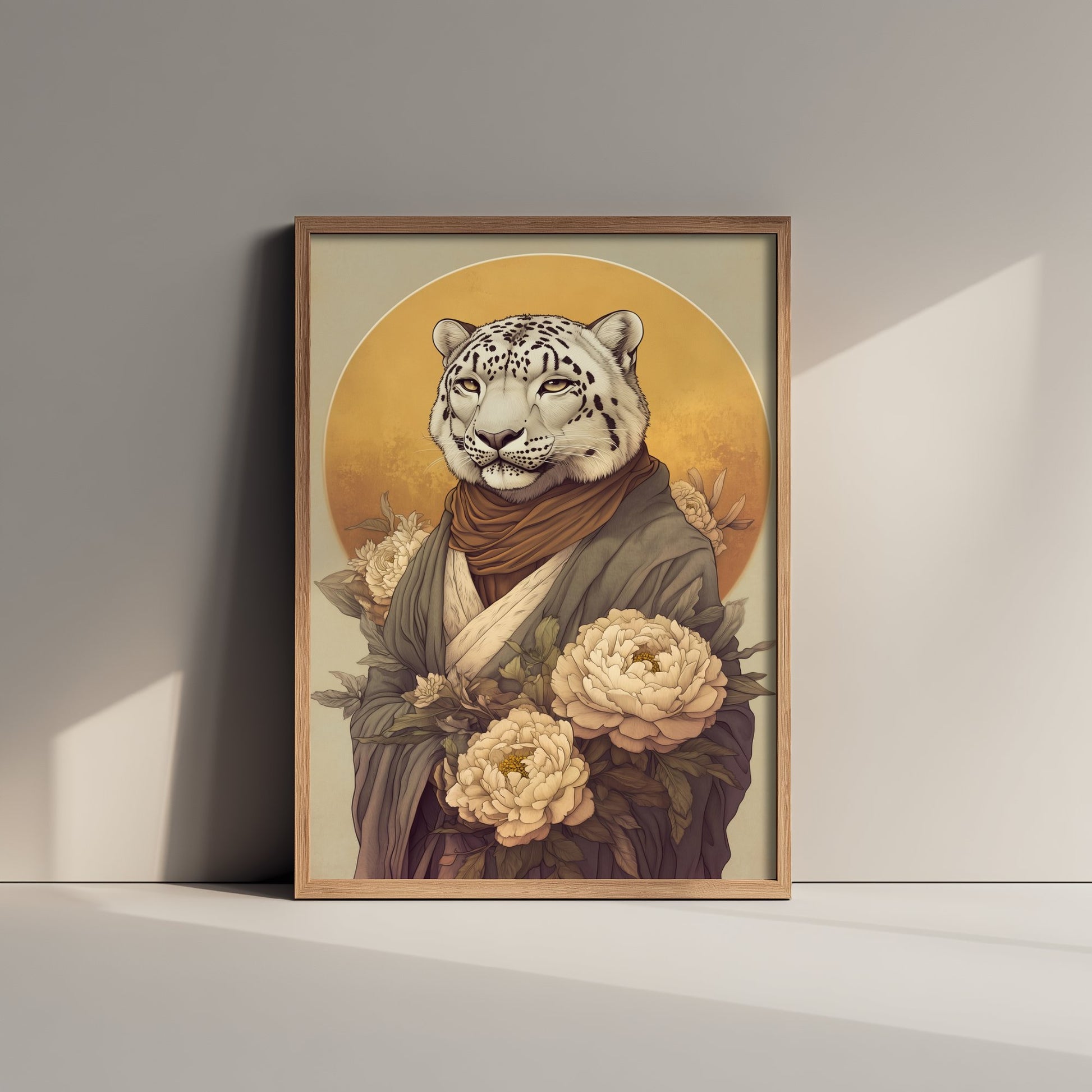 Snow Leopard Art Print - Whimsical Animal in Robe Poster - Floral Illustration - Mountain Guardian Wall Art 2/3