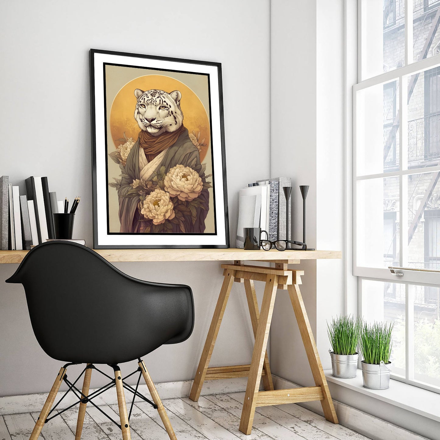 Snow Leopard Art Print - Whimsical Animal in Robe Poster - Floral Illustration - Mountain Guardian Wall Art 2/3