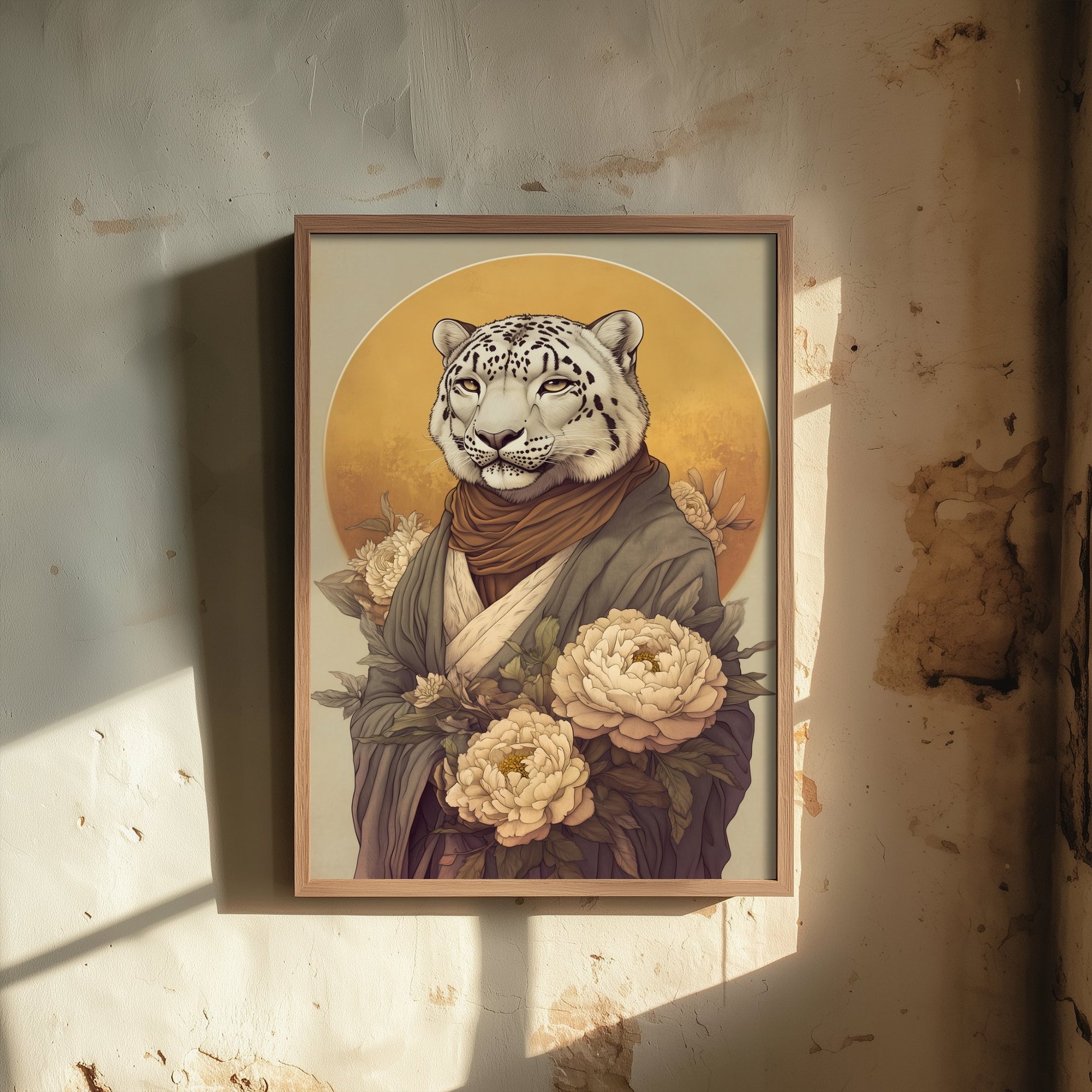 Snow Leopard Art Print - Whimsical Animal in Robe Poster - Floral Illustration - Mountain Guardian Wall Art 2/3