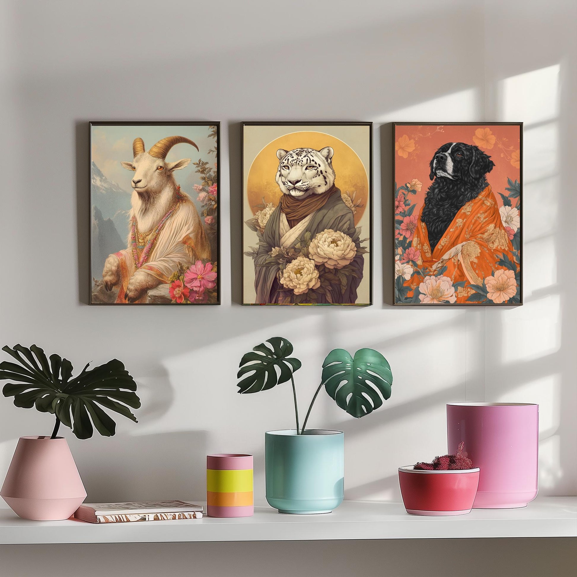 Religious Animals Mountain Guardians Set of Three Art Prints - 3 Snow Leopard Tibetan Mastiff Mountain Goat Posters - Illustration Gift