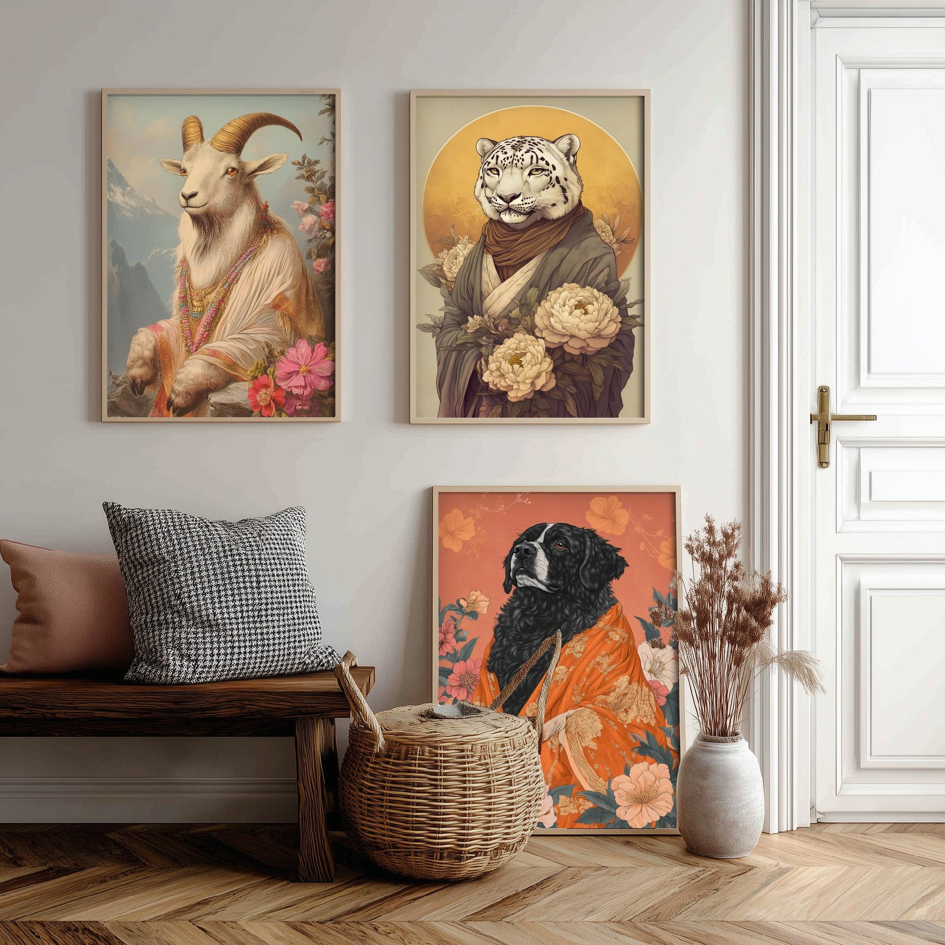 Religious Animals Mountain Guardians Set of Three Art Prints - 3 Snow Leopard Tibetan Mastiff Mountain Goat Posters - Illustration Gift