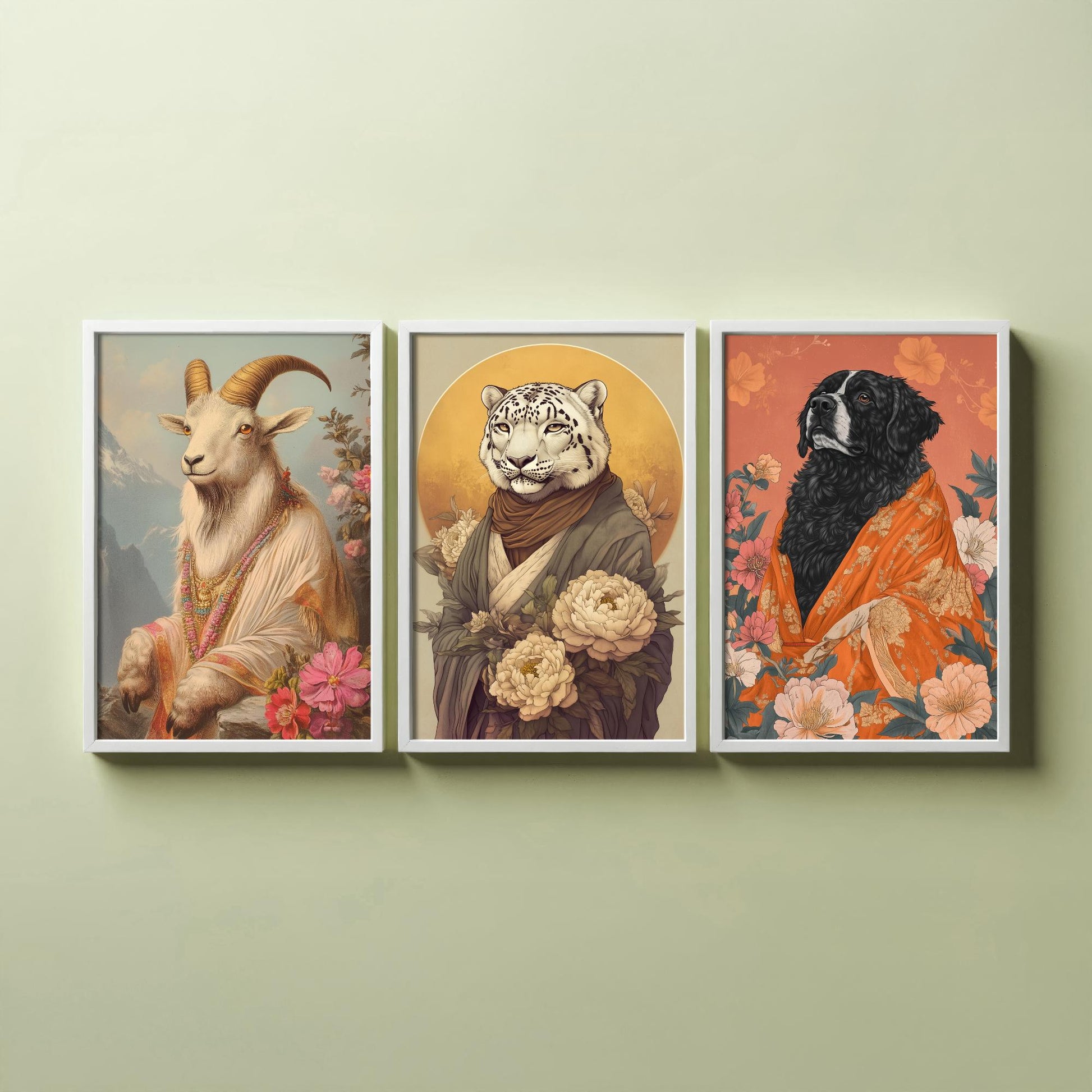 Religious Animals Mountain Guardians Set of Three Art Prints - 3 Snow Leopard Tibetan Mastiff Mountain Goat Posters - Illustration Gift
