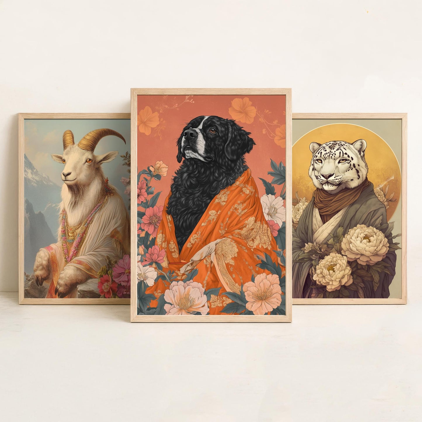 Religious Animals Mountain Guardians Set of Three Art Prints - 3 Snow Leopard Tibetan Mastiff Mountain Goat Posters - Illustration Gift