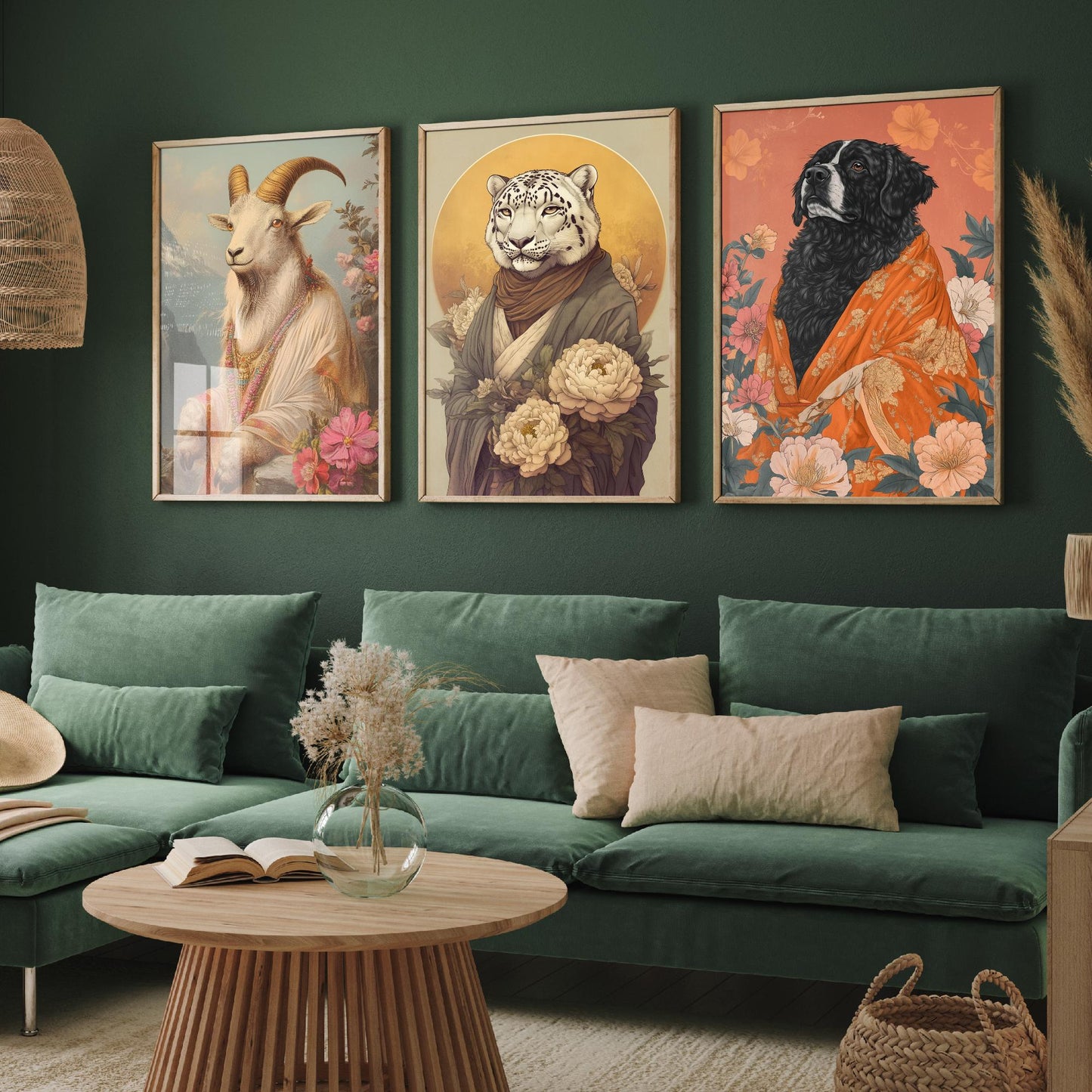 Religious Animals Mountain Guardians Set of Three Art Prints - 3 Snow Leopard Tibetan Mastiff Mountain Goat Posters - Illustration Gift