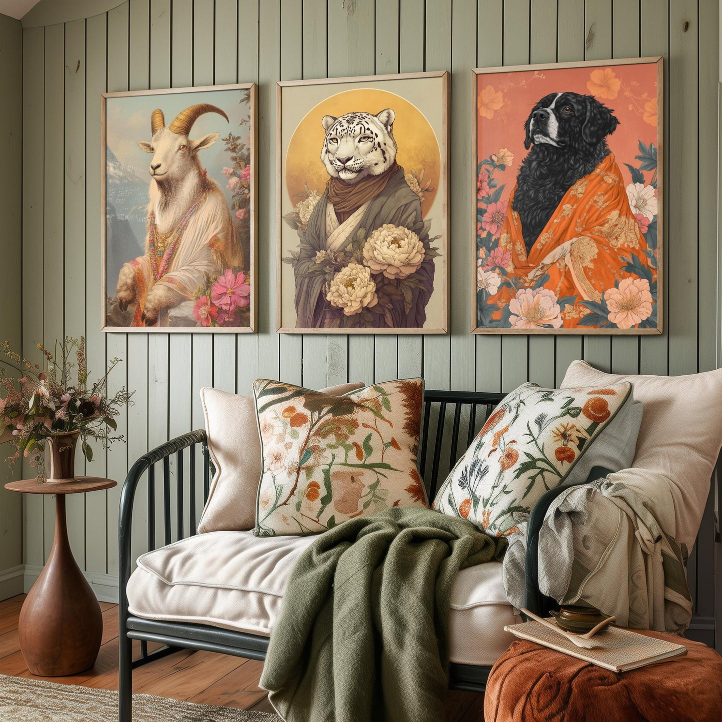 Religious Animals Mountain Guardians Set of Three Art Prints - 3 Snow Leopard Tibetan Mastiff Mountain Goat Posters - Illustration Gift