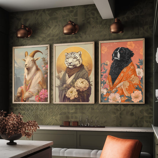 Religious Animals Mountain Guardians Set of Three Art Prints - 3 Snow Leopard Tibetan Mastiff Mountain Goat Posters - Illustration Gift