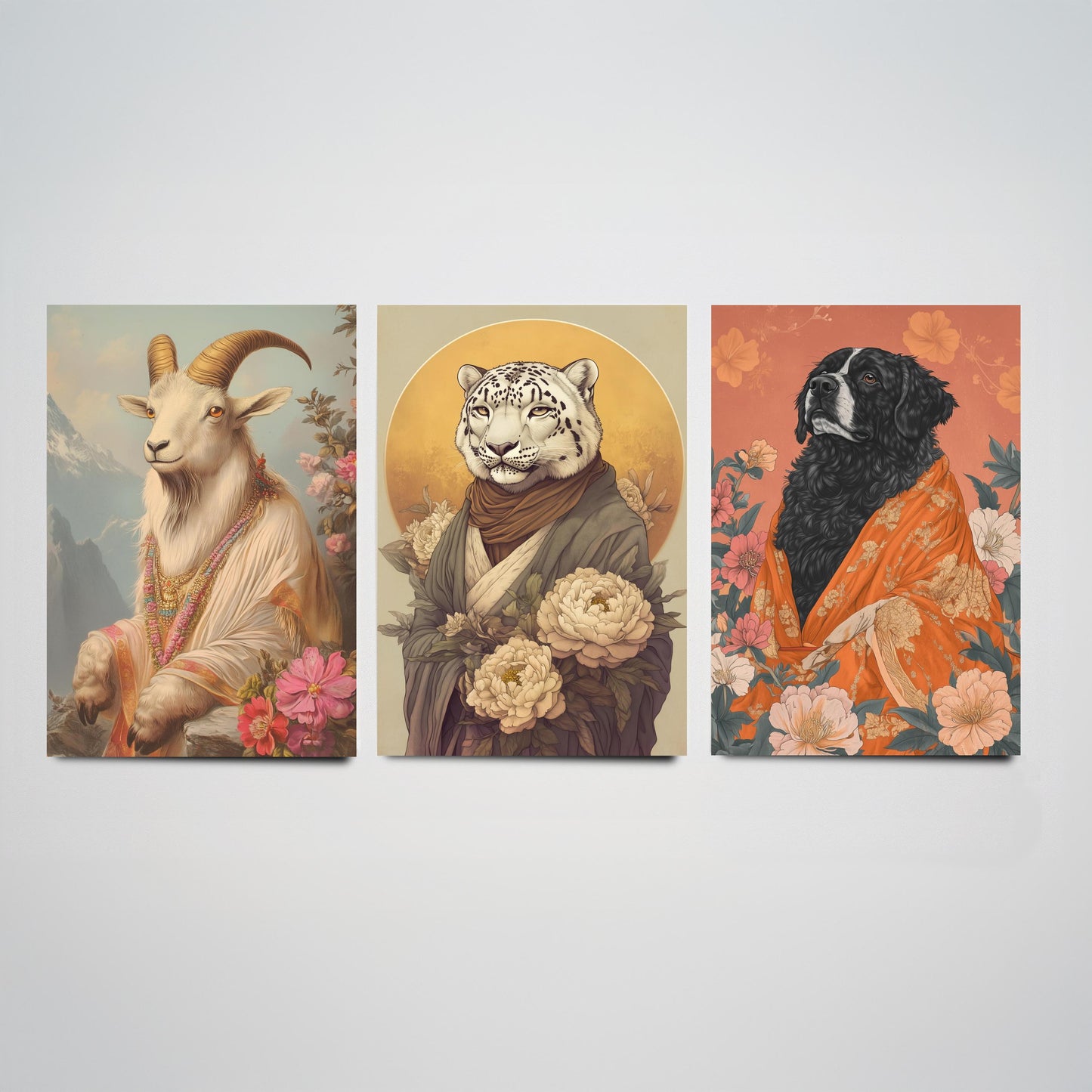 Religious Animals Mountain Guardians Set of Three Art Prints - 3 Snow Leopard Tibetan Mastiff Mountain Goat Posters - Illustration Gift