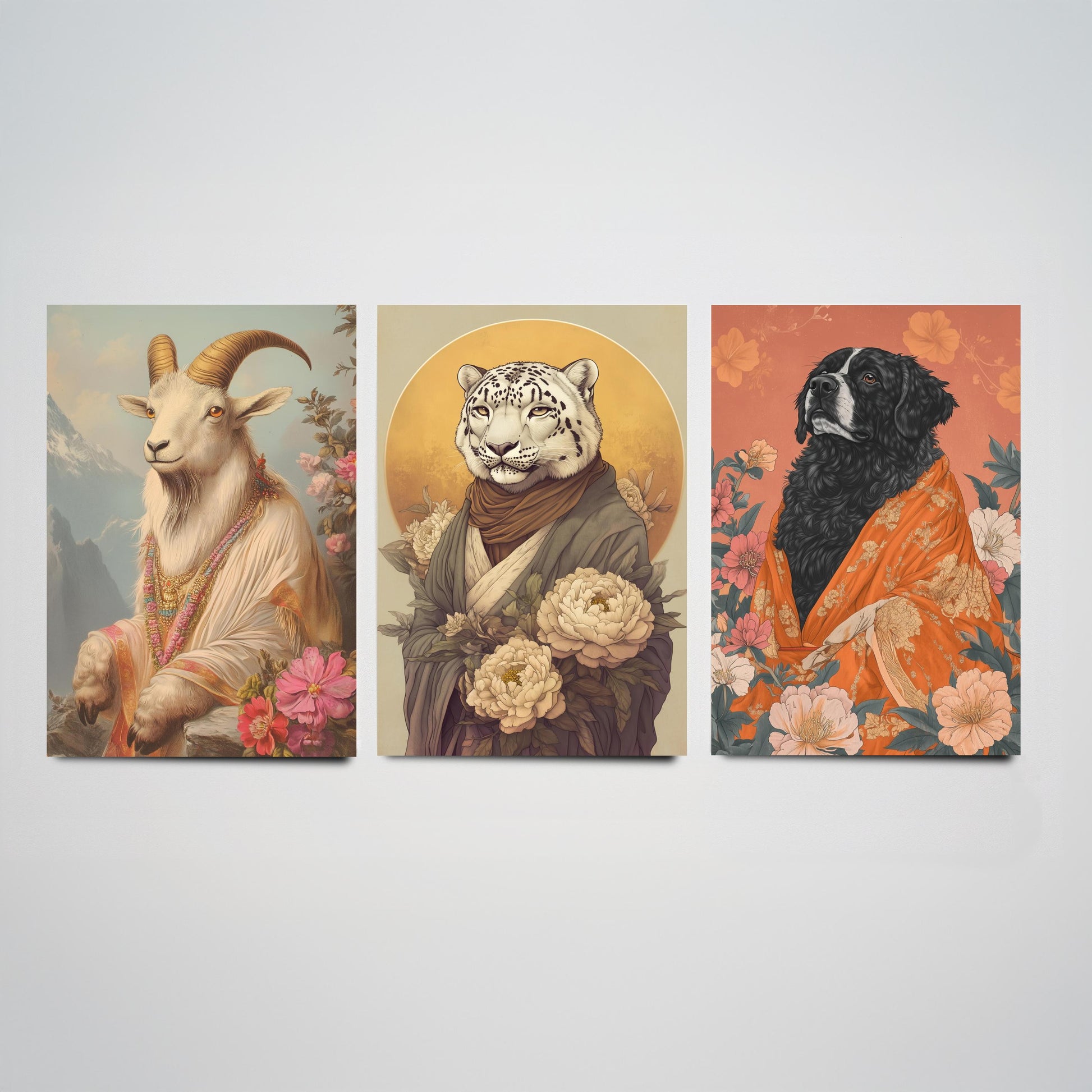 Religious Animals Mountain Guardians Set of Three Art Prints - 3 Snow Leopard Tibetan Mastiff Mountain Goat Posters - Illustration Gift