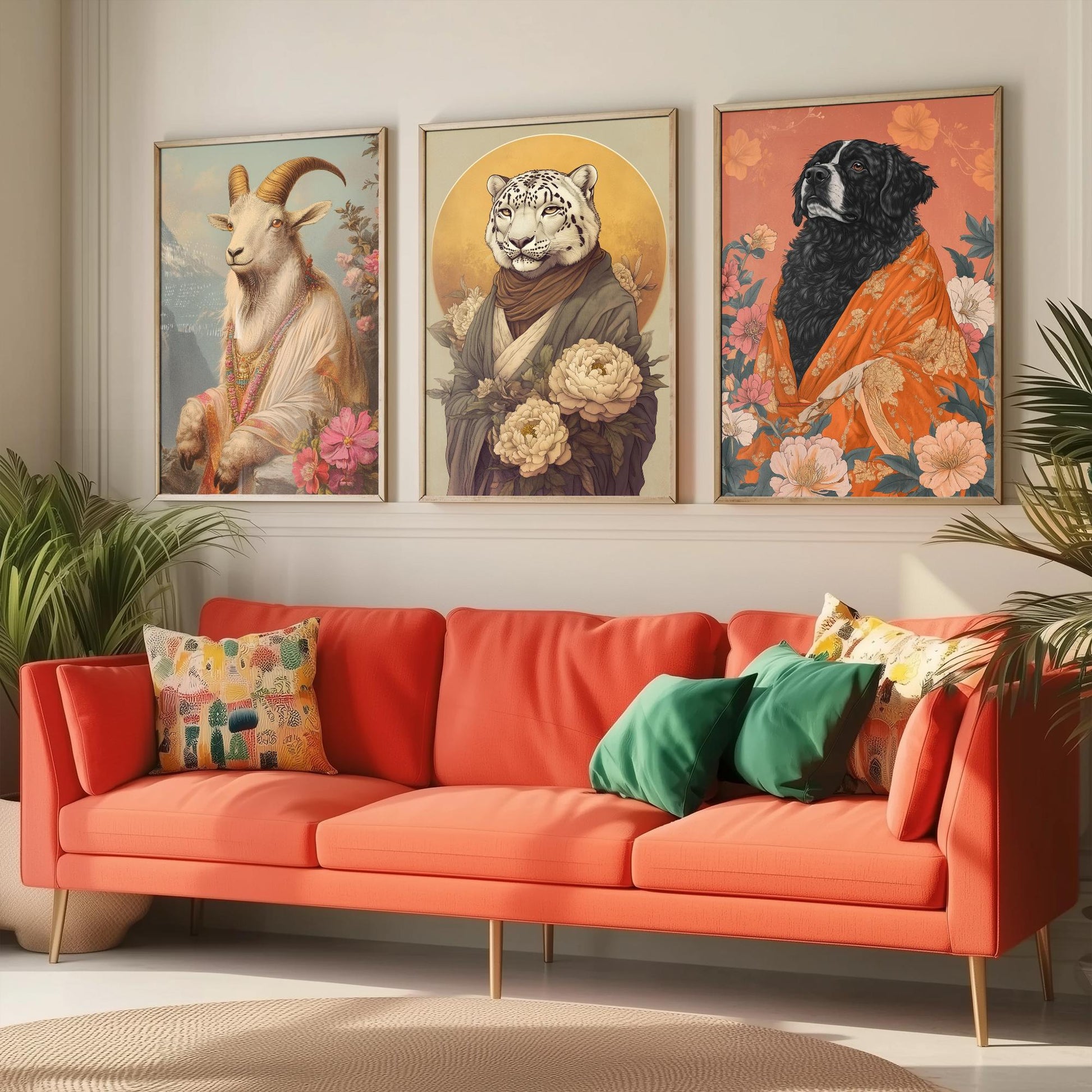 Religious Animals Mountain Guardians Set of Three Art Prints - 3 Snow Leopard Tibetan Mastiff Mountain Goat Posters - Illustration Gift