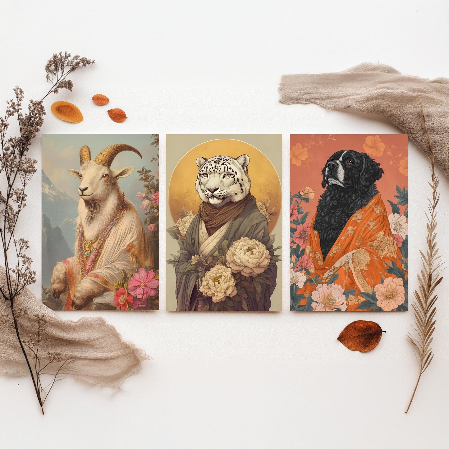 Religious Animals Mountain Guardians Set of Three Art Prints - 3 Snow Leopard Tibetan Mastiff Mountain Goat Posters - Illustration Gift
