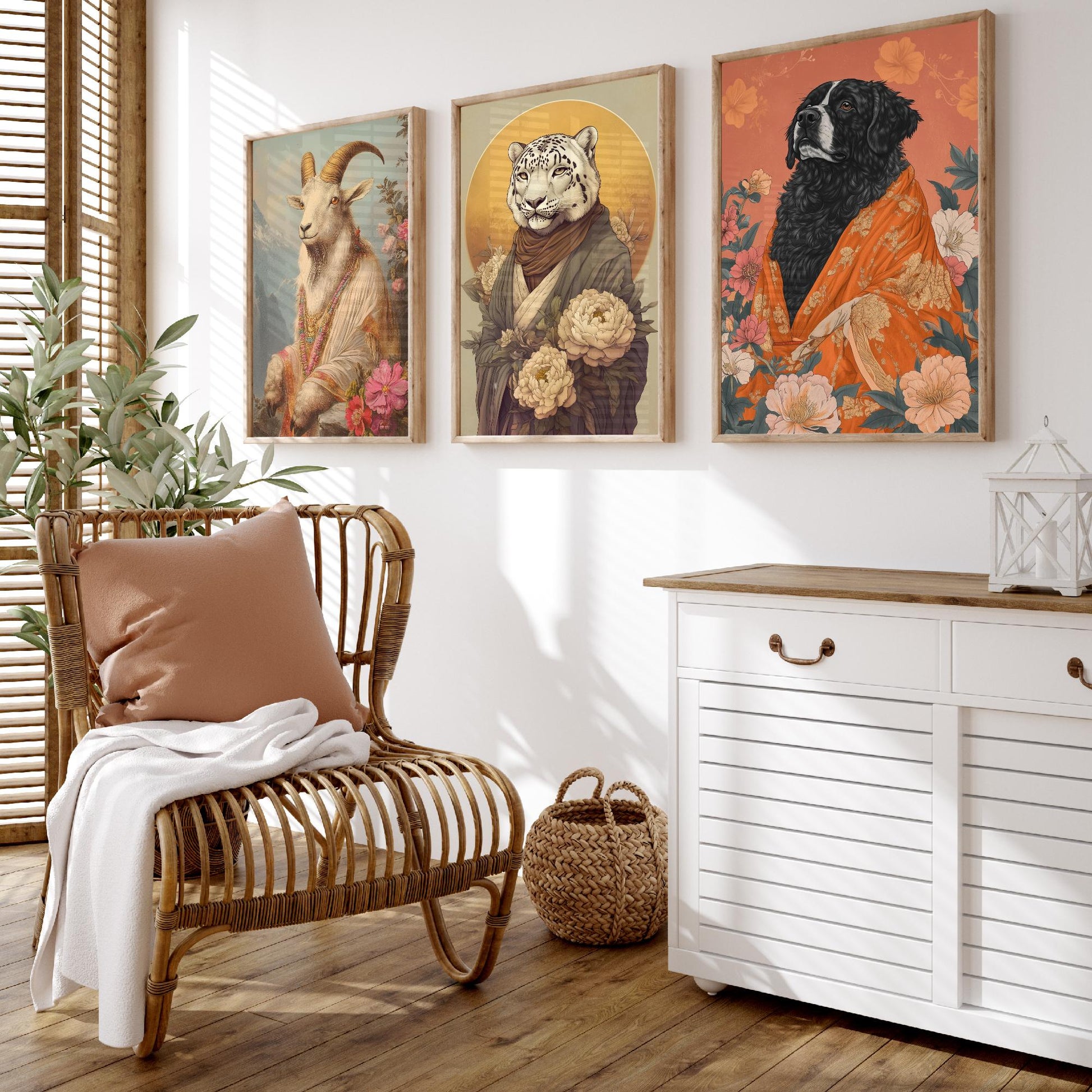 Religious Animals Mountain Guardians Set of Three Art Prints - 3 Snow Leopard Tibetan Mastiff Mountain Goat Posters - Illustration Gift