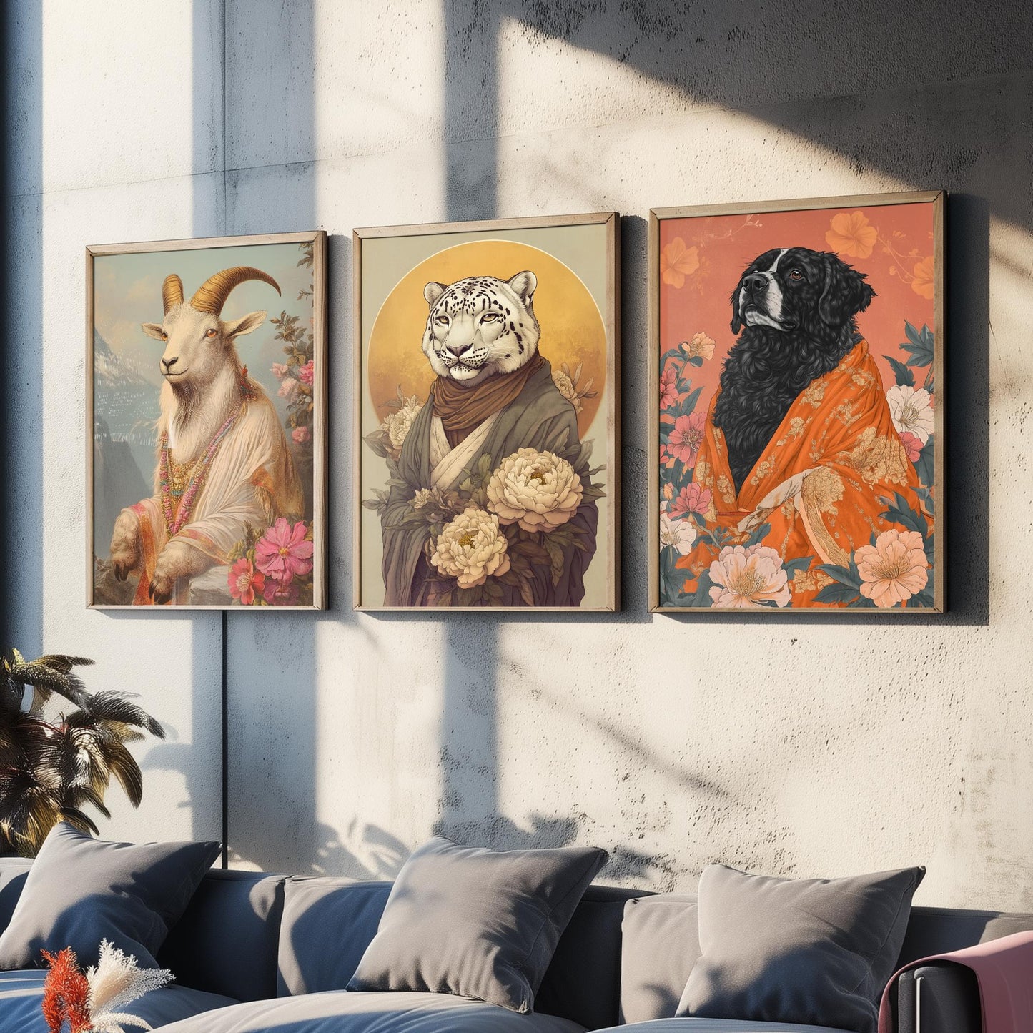 Religious Animals Mountain Guardians Set of Three Art Prints - 3 Snow Leopard Tibetan Mastiff Mountain Goat Posters - Illustration Gift