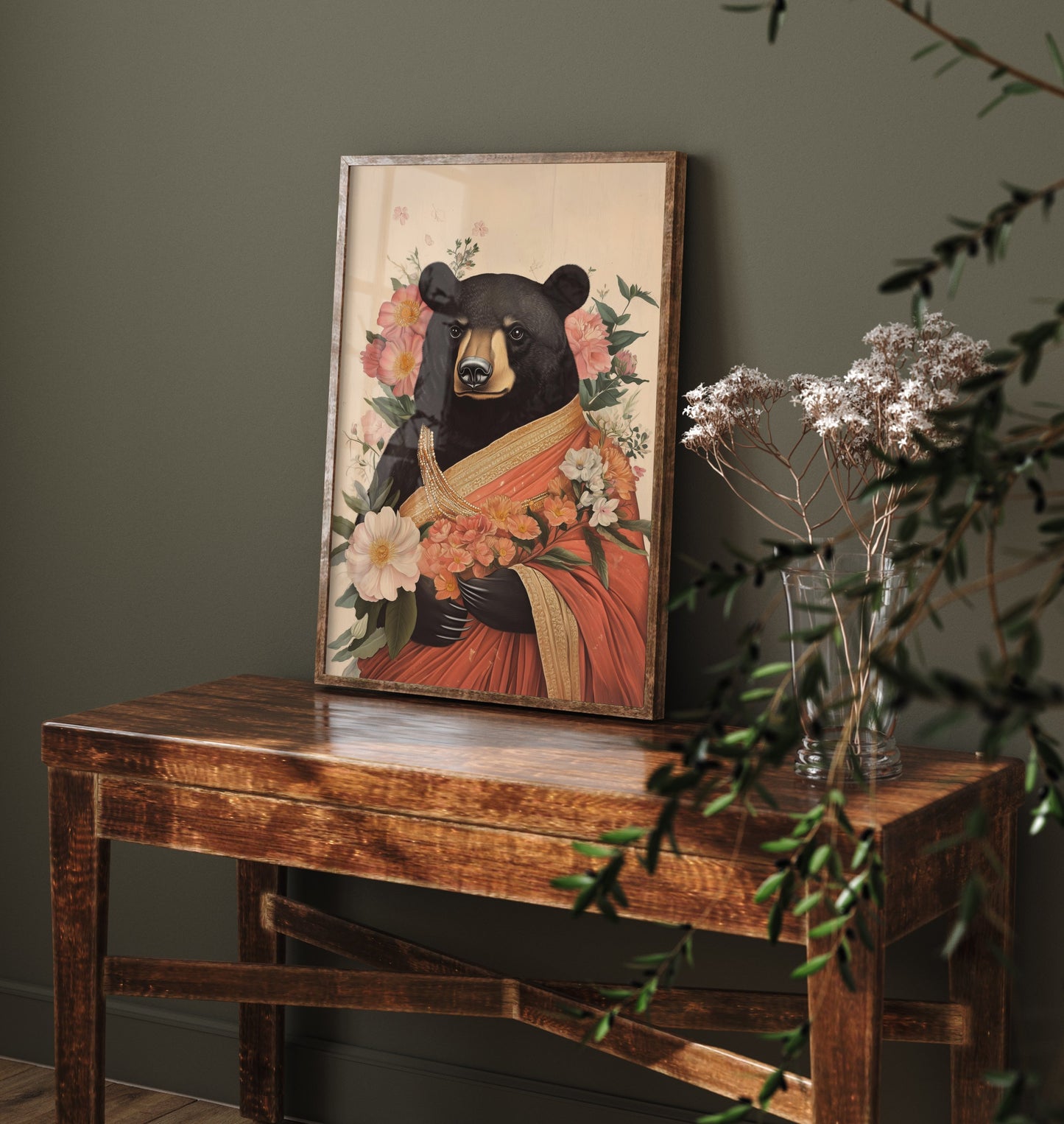 Black Bear Art Print - Whimsical Animal in Sari Poster - Floral Illustration - Woodland Elder Wall Art 1/3