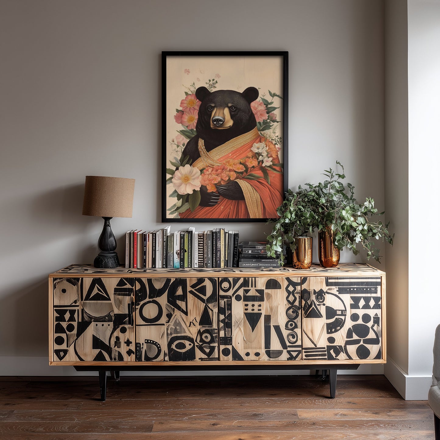 Black Bear Art Print - Whimsical Animal in Sari Poster - Floral Illustration - Woodland Elder Wall Art 1/3