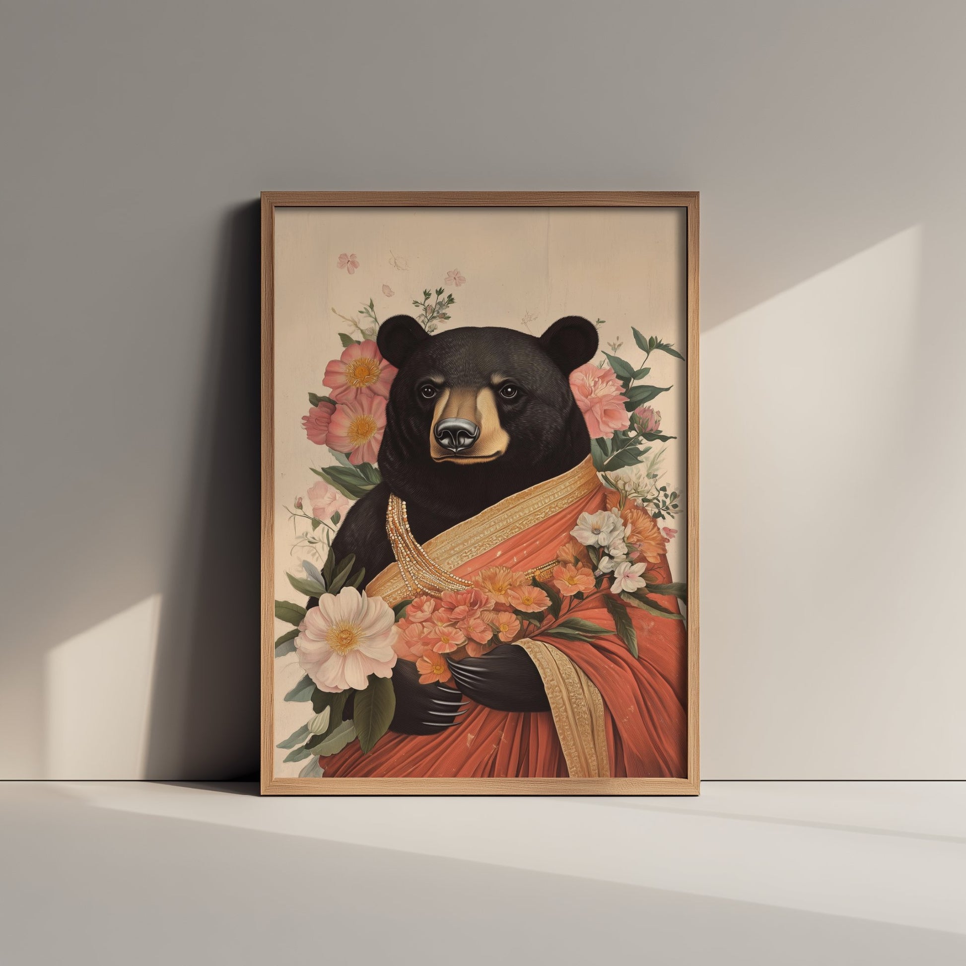 Black Bear Art Print - Whimsical Animal in Sari Poster - Floral Illustration - Woodland Elder Wall Art 1/3