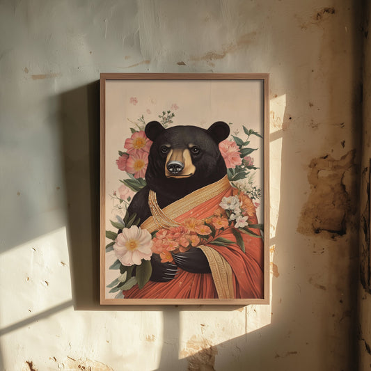 Black Bear Art Print - Whimsical Animal in Sari Poster - Floral Illustration - Woodland Elder Wall Art 1/3