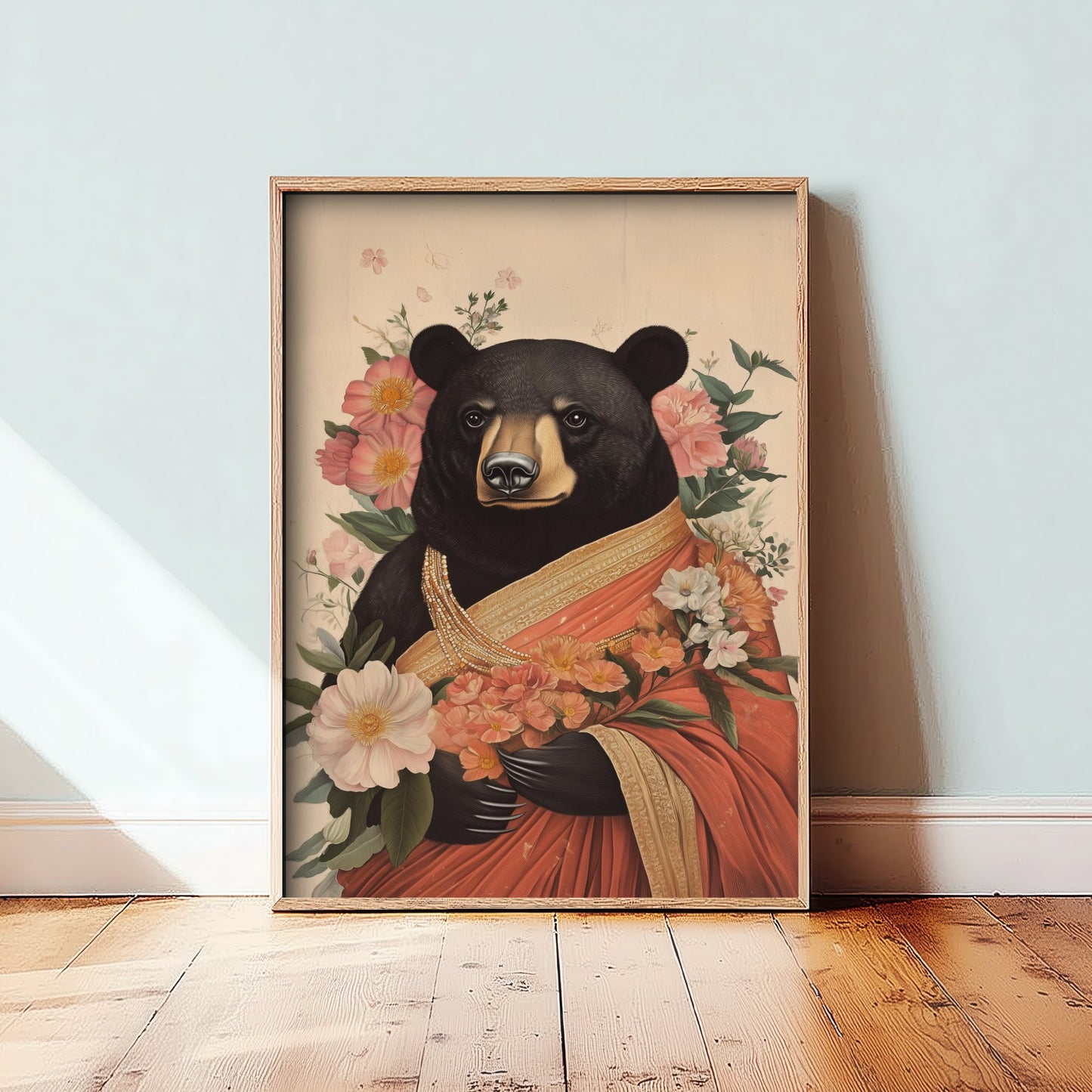 Black Bear Art Print - Whimsical Animal in Sari Poster - Floral Illustration - Woodland Elder Wall Art 1/3