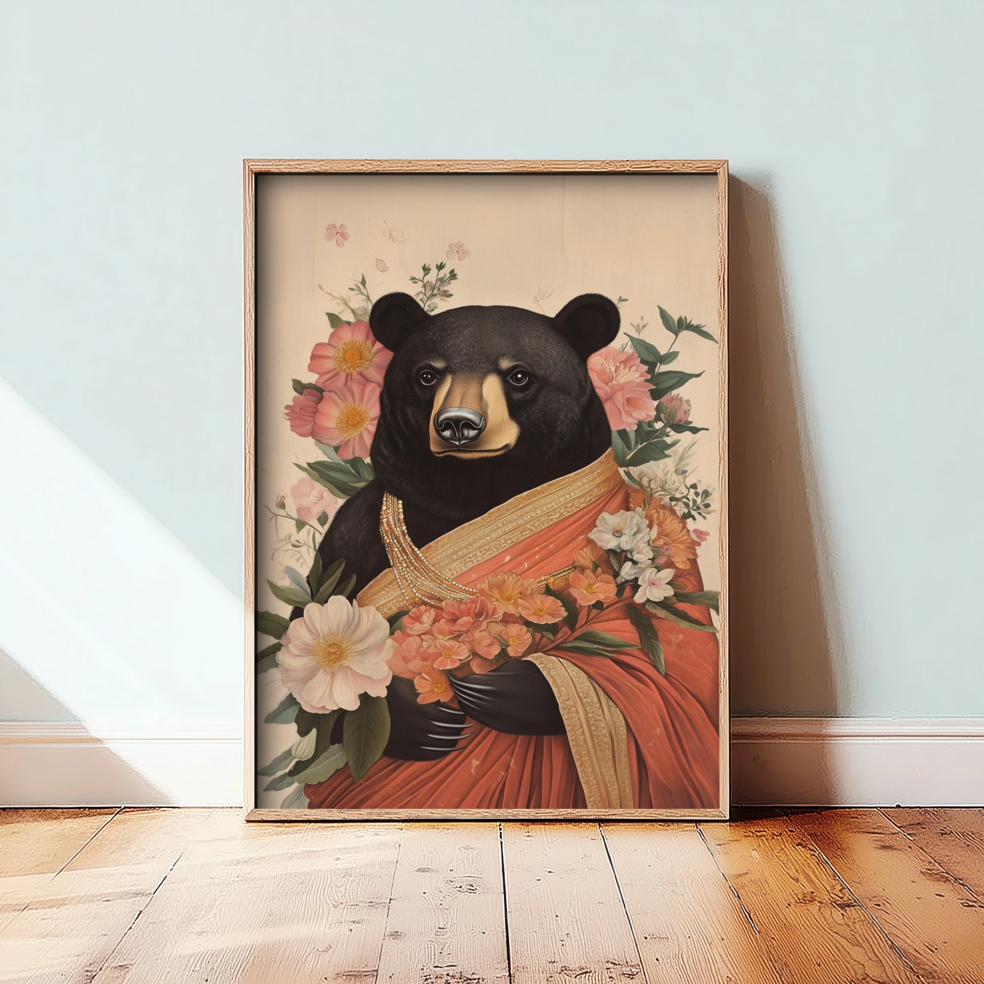 Black Bear Art Print - Whimsical Animal in Sari Poster - Floral Illustration - Woodland Elder Wall Art 1/3
