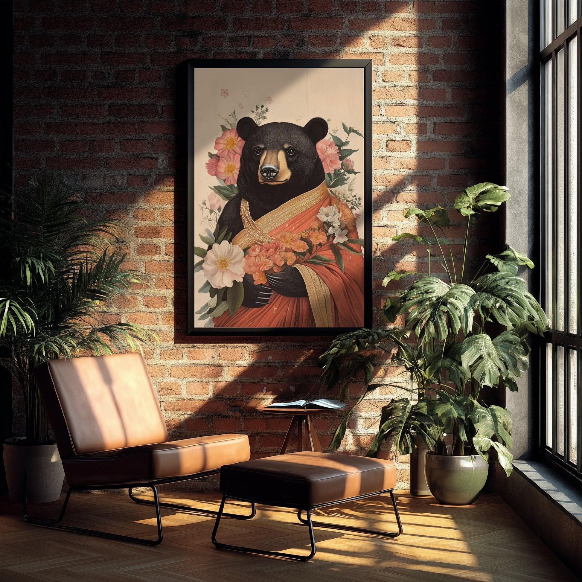 Black Bear Art Print - Whimsical Animal in Sari Poster - Floral Illustration - Woodland Elder Wall Art 1/3