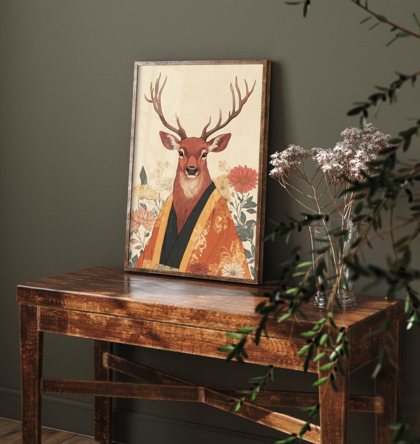 Red Stag Art Print - Whimsical Animal in Kimono Poster - Floral Illustration - Woodland Elder Wall Art 3/3