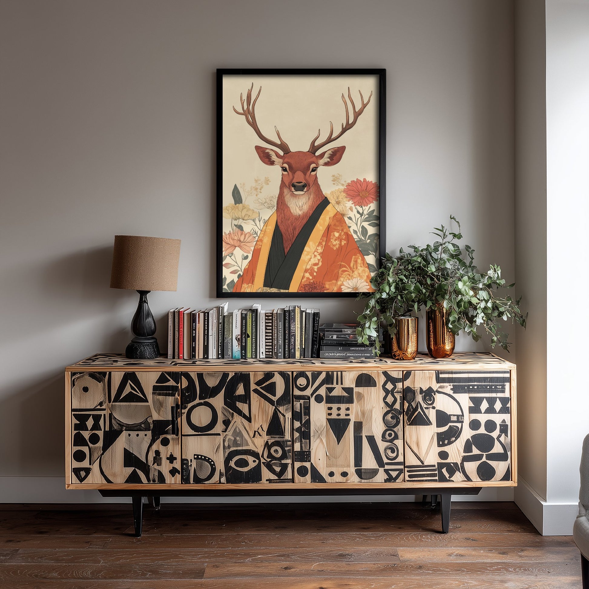 Red Stag Art Print - Whimsical Animal in Kimono Poster - Floral Illustration - Woodland Elder Wall Art 3/3