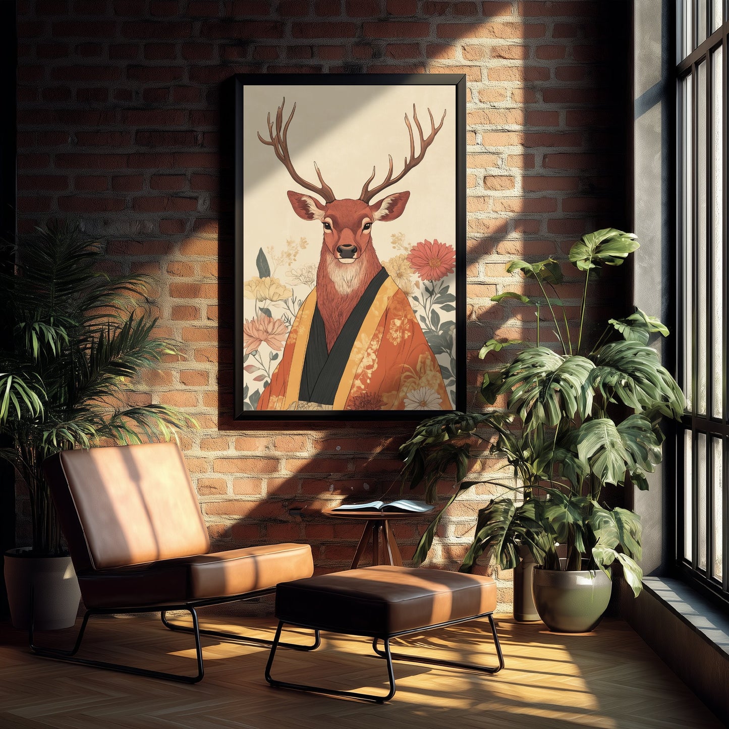 Red Stag Art Print - Whimsical Animal in Kimono Poster - Floral Illustration - Woodland Elder Wall Art 3/3