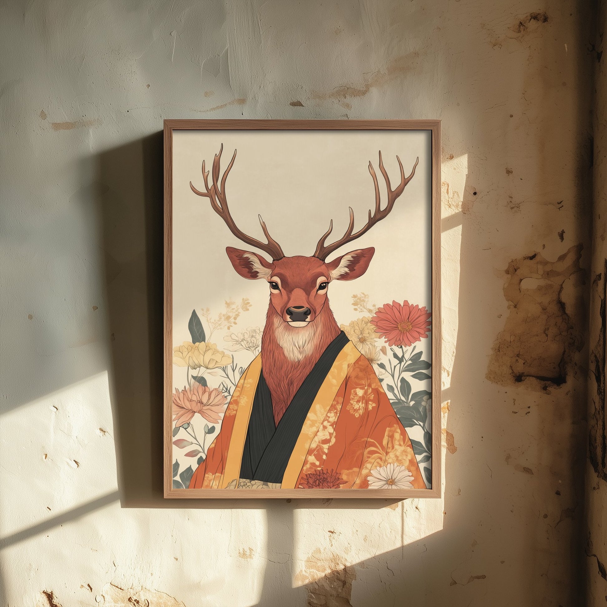 Red Stag Art Print - Whimsical Animal in Kimono Poster - Floral Illustration - Woodland Elder Wall Art 3/3