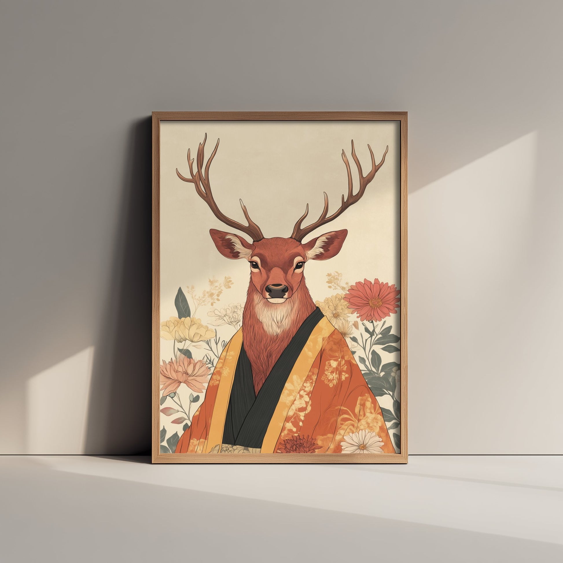 Red Stag Art Print - Whimsical Animal in Kimono Poster - Floral Illustration - Woodland Elder Wall Art 3/3