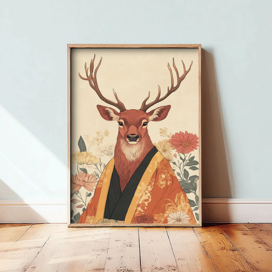 Red Stag Art Print - Whimsical Animal in Kimono Poster - Floral Illustration - Woodland Elder Wall Art 3/3