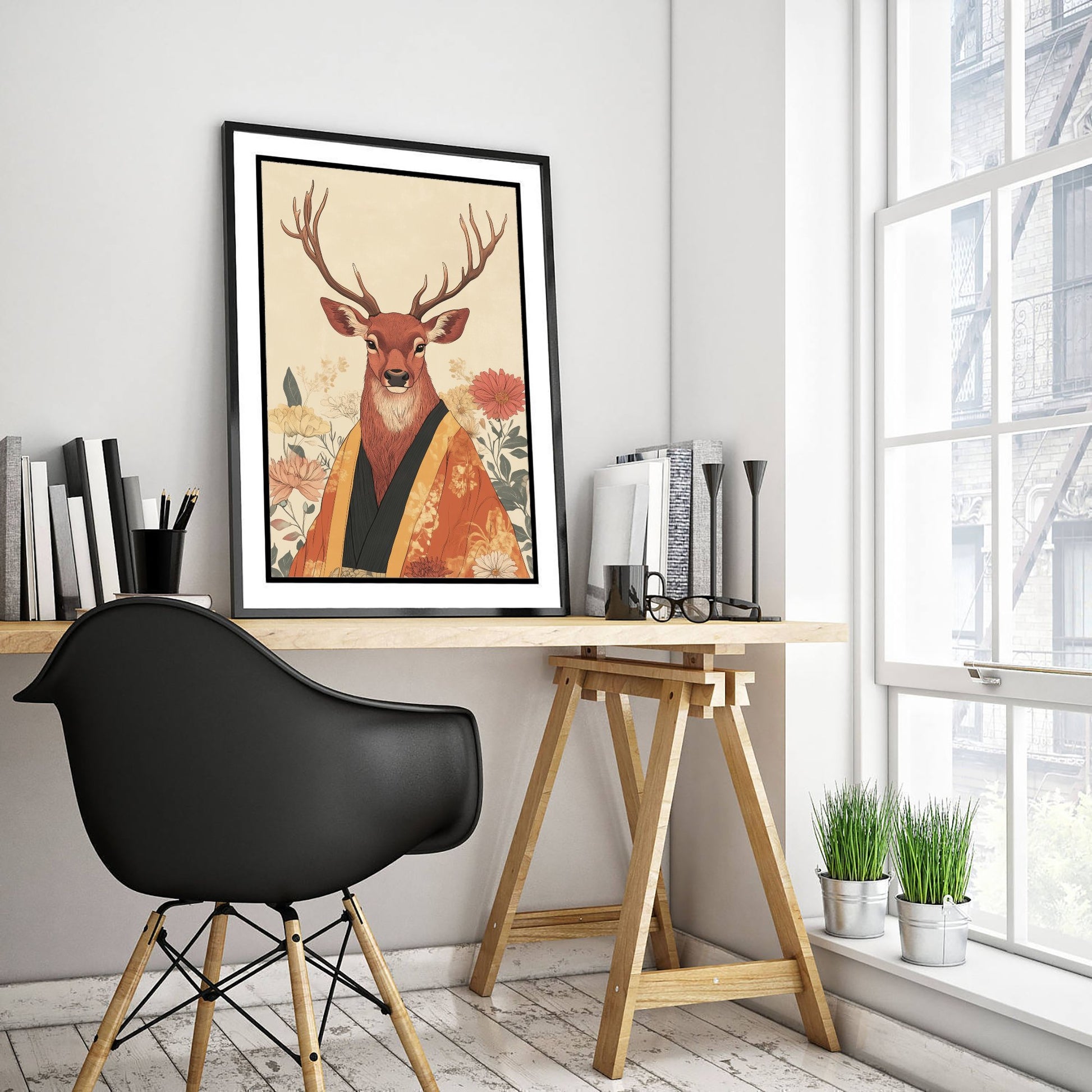 Red Stag Art Print - Whimsical Animal in Kimono Poster - Floral Illustration - Woodland Elder Wall Art 3/3