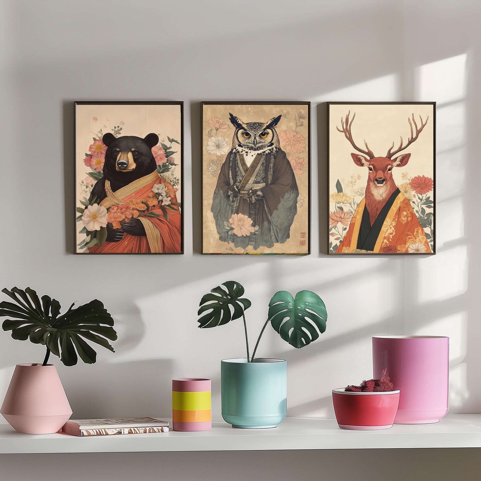 Religious Animals Woodland Elders Set of Three Art Prints - 3 Black Bear Great Horned Owl Red Stag Posters - Illustration Gift