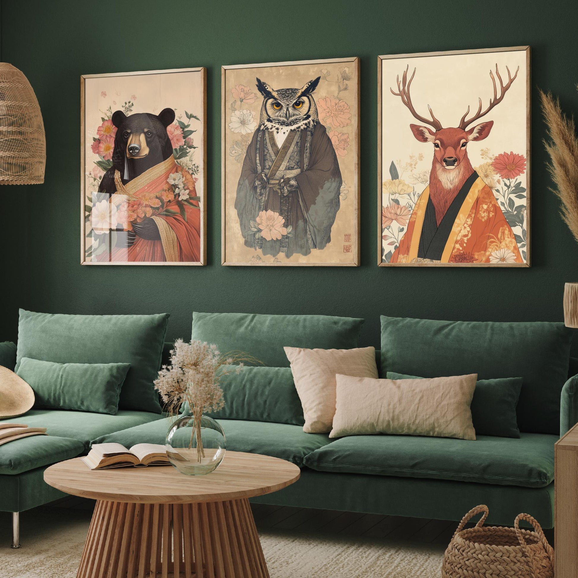 Religious Animals Woodland Elders Set of Three Art Prints - 3 Black Bear Great Horned Owl Red Stag Posters - Illustration Gift