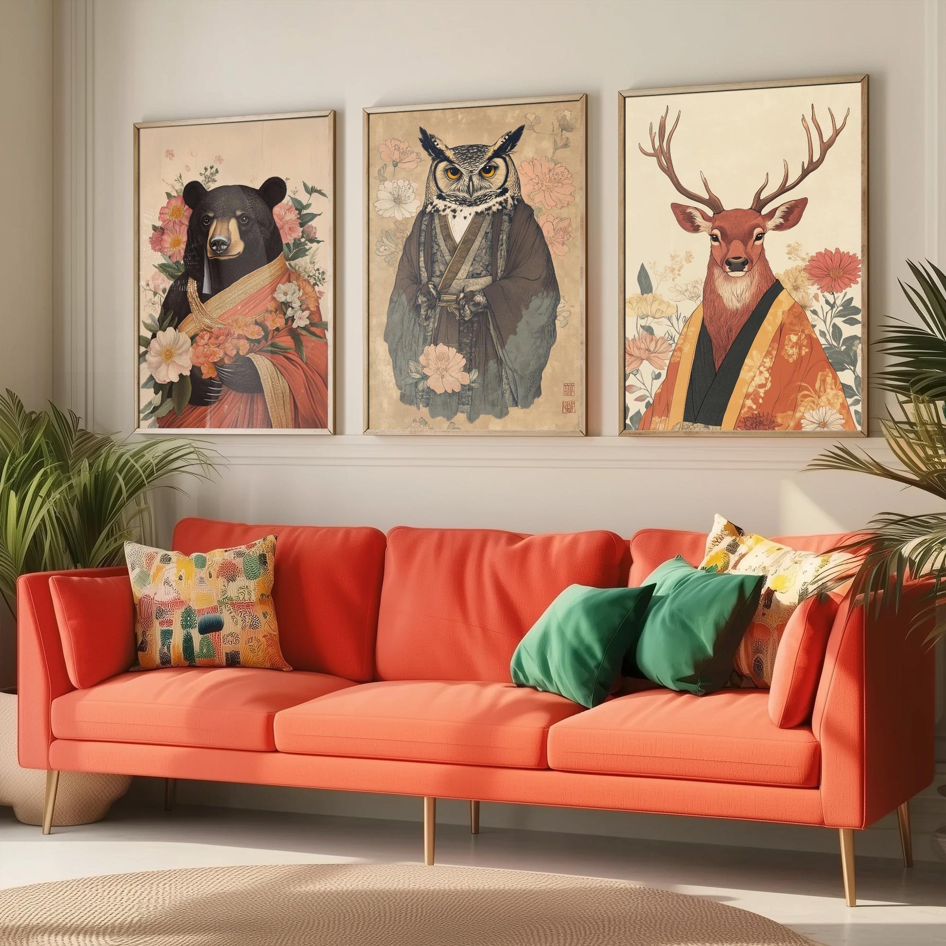 Religious Animals Woodland Elders Set of Three Art Prints - 3 Black Bear Great Horned Owl Red Stag Posters - Illustration Gift