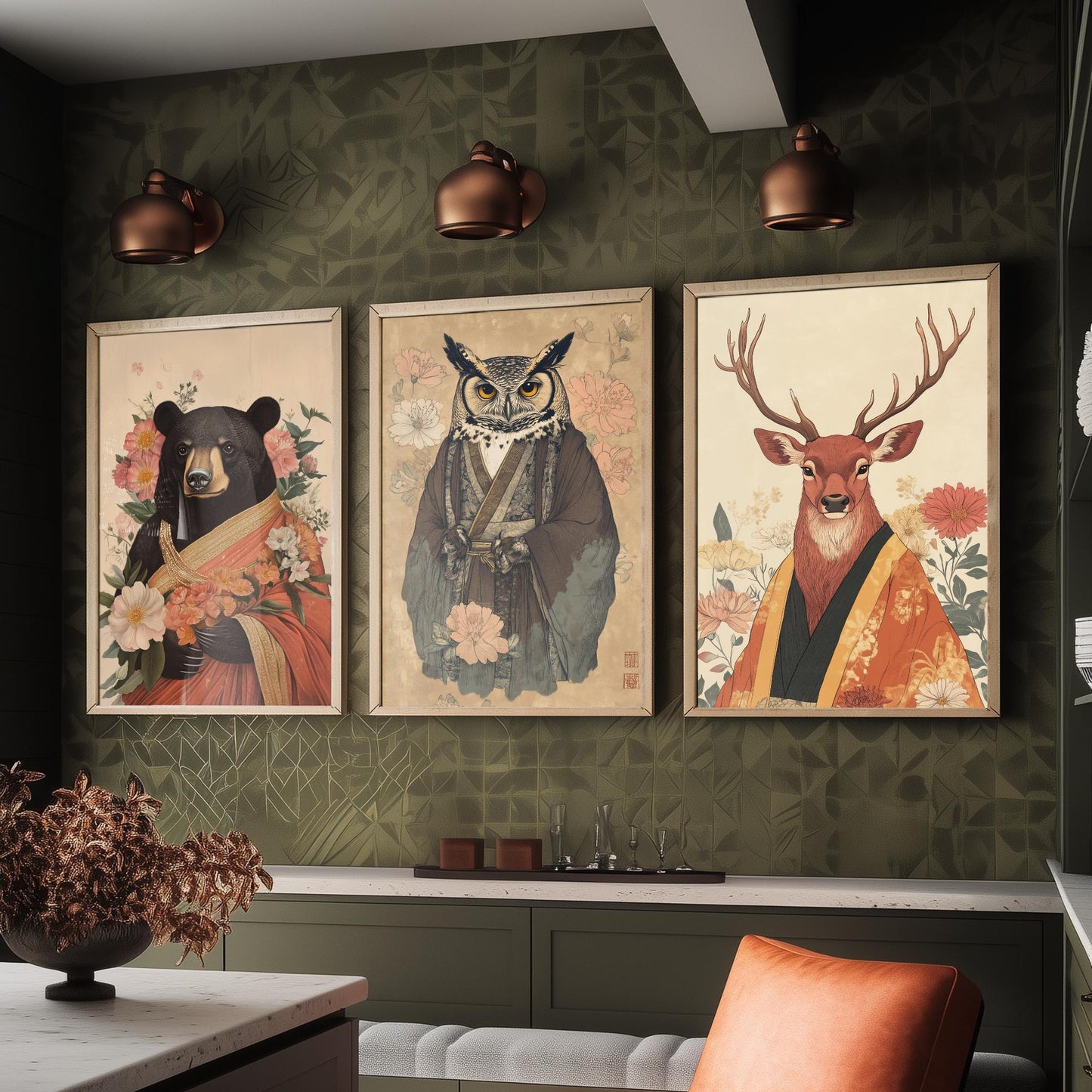 Religious Animals Woodland Elders Set of Three Art Prints - 3 Black Bear Great Horned Owl Red Stag Posters - Illustration Gift