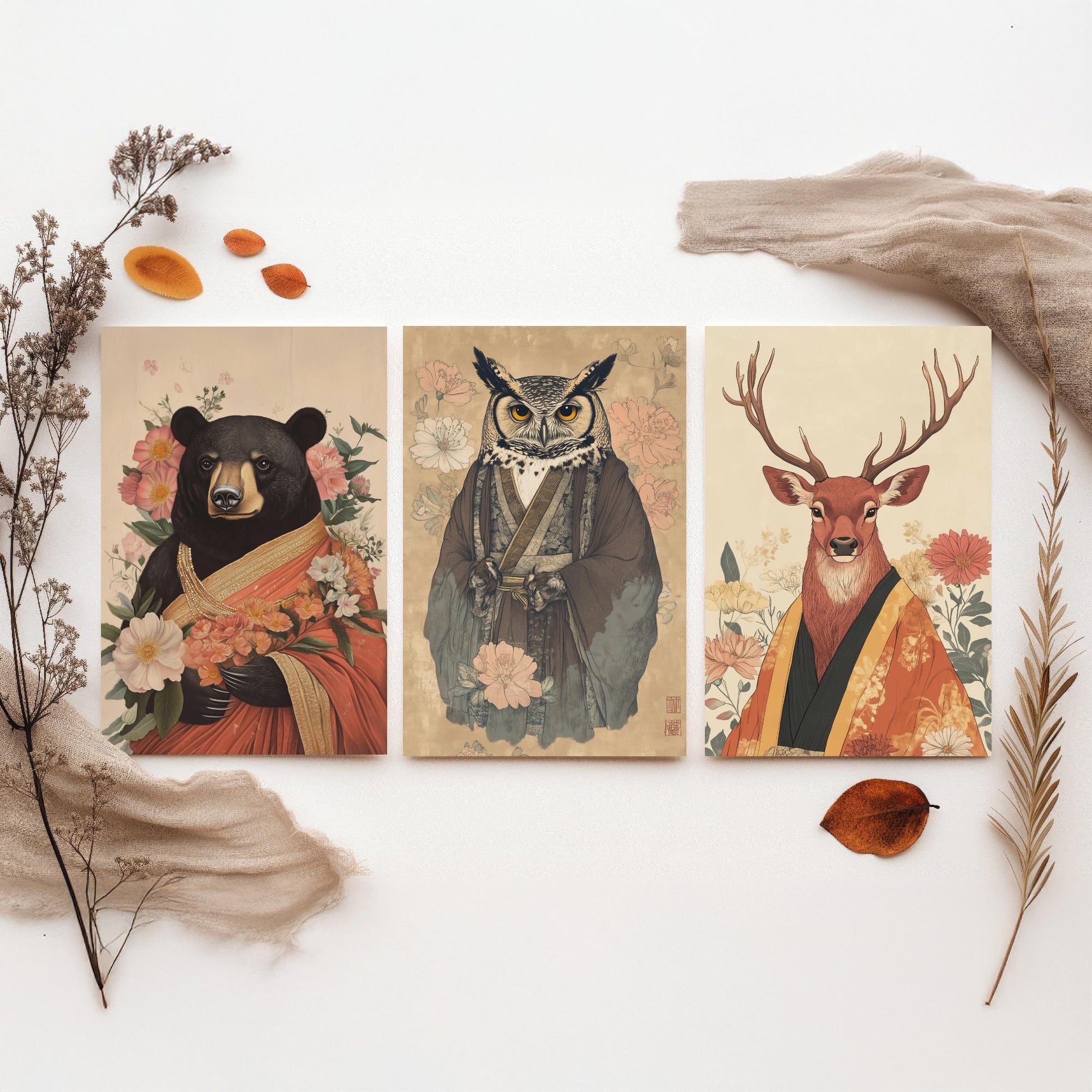 Religious Animals Woodland Elders Set of Three Art Prints - 3 Black Bear Great Horned Owl Red Stag Posters - Illustration Gift