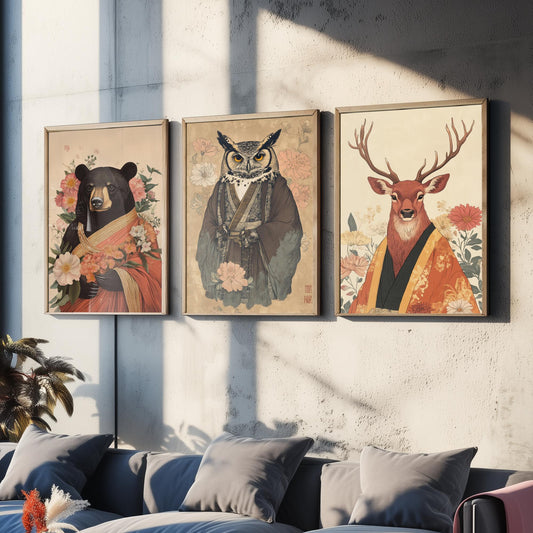 Religious Animals Woodland Elders Set of Three Art Prints - 3 Black Bear Great Horned Owl Red Stag Posters - Illustration Gift