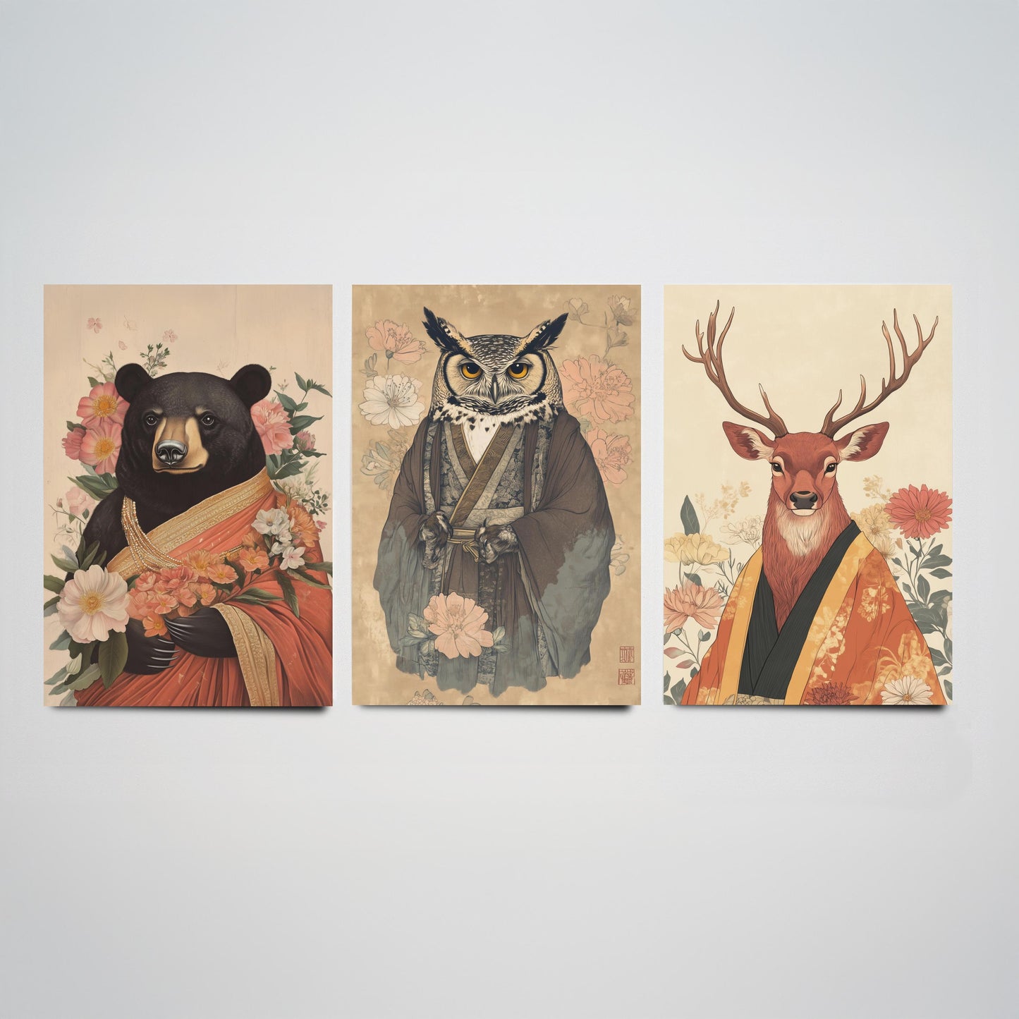 Religious Animals Woodland Elders Set of Three Art Prints - 3 Black Bear Great Horned Owl Red Stag Posters - Illustration Gift
