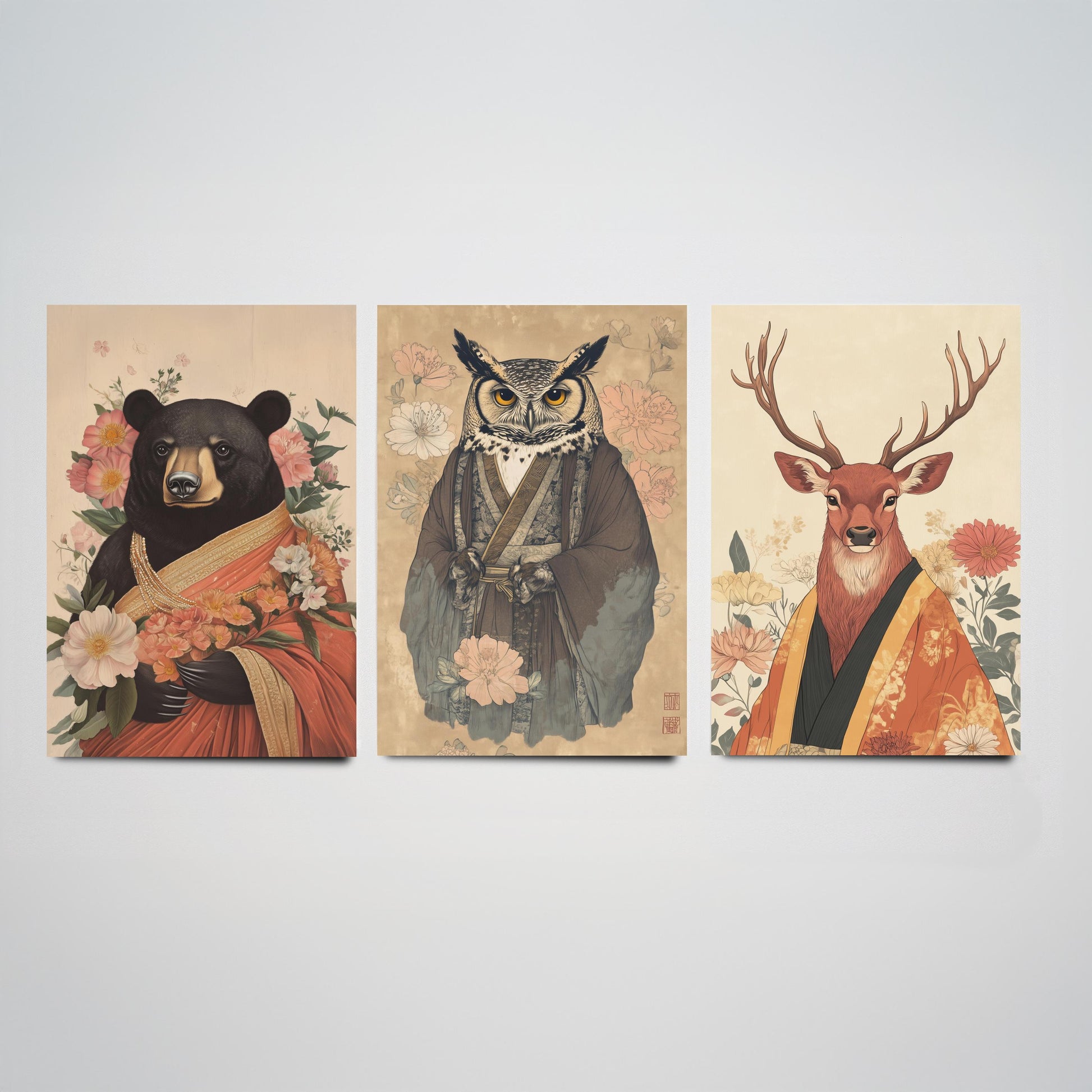 Religious Animals Woodland Elders Set of Three Art Prints - 3 Black Bear Great Horned Owl Red Stag Posters - Illustration Gift