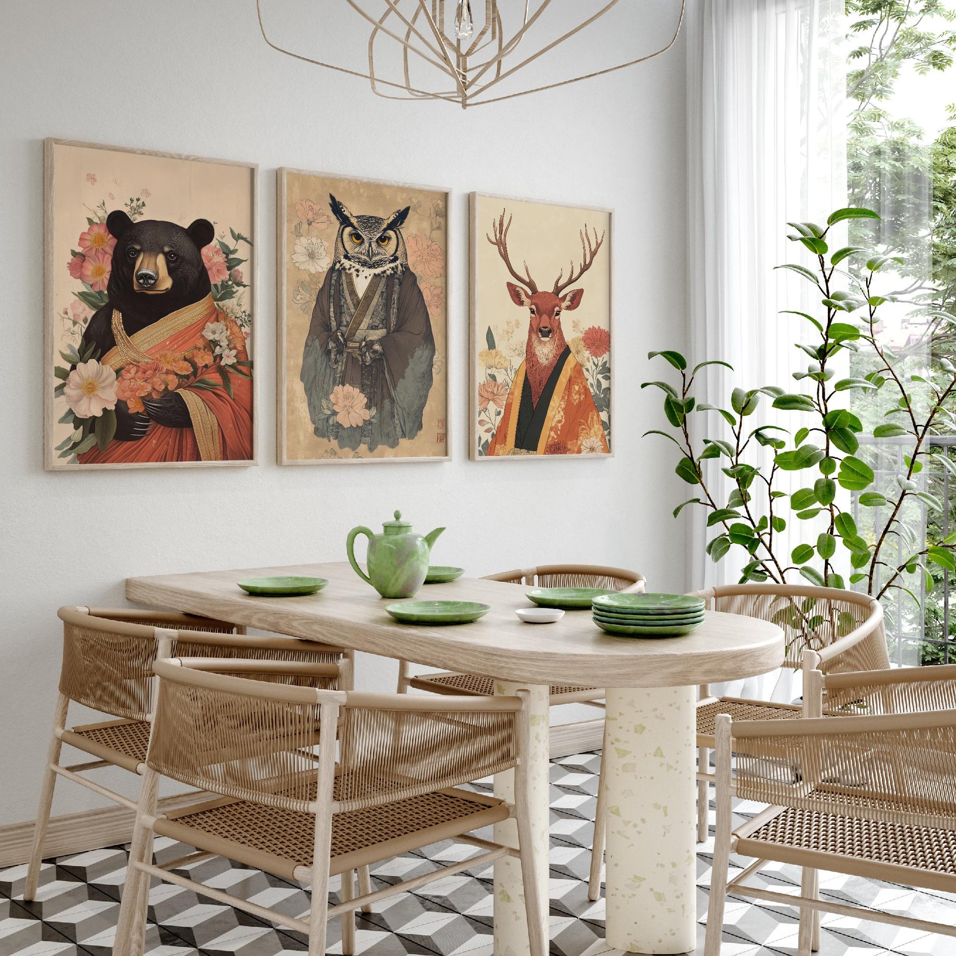 Religious Animals Woodland Elders Set of Three Art Prints - 3 Black Bear Great Horned Owl Red Stag Posters - Illustration Gift