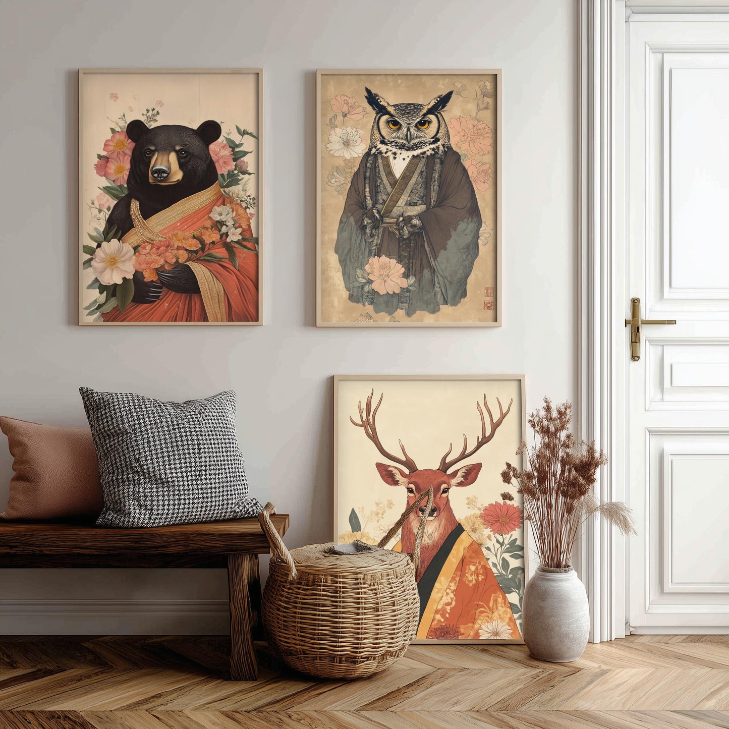 Religious Animals Woodland Elders Set of Three Art Prints - 3 Black Bear Great Horned Owl Red Stag Posters - Illustration Gift