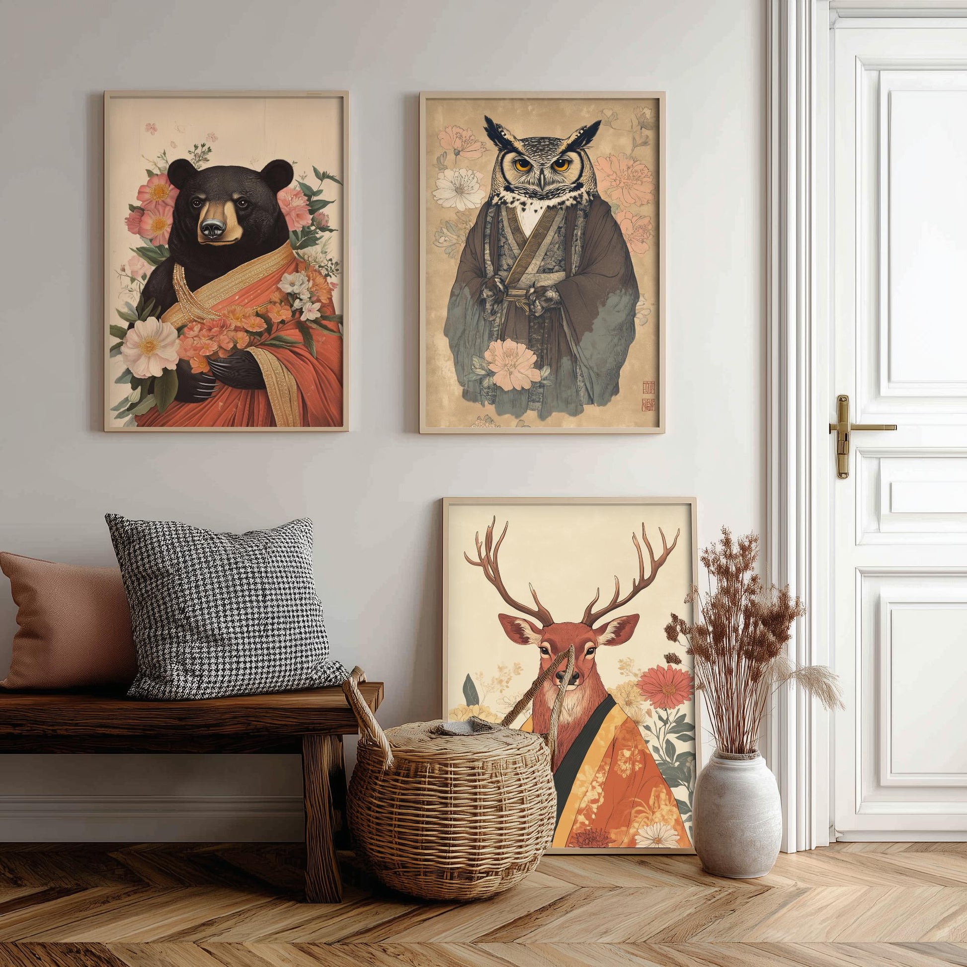 Religious Animals Woodland Elders Set of Three Art Prints - 3 Black Bear Great Horned Owl Red Stag Posters - Illustration Gift