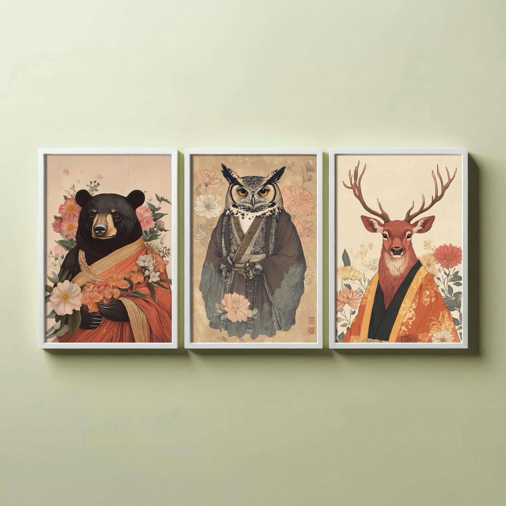 Religious Animals Woodland Elders Set of Three Art Prints - 3 Black Bear Great Horned Owl Red Stag Posters - Illustration Gift
