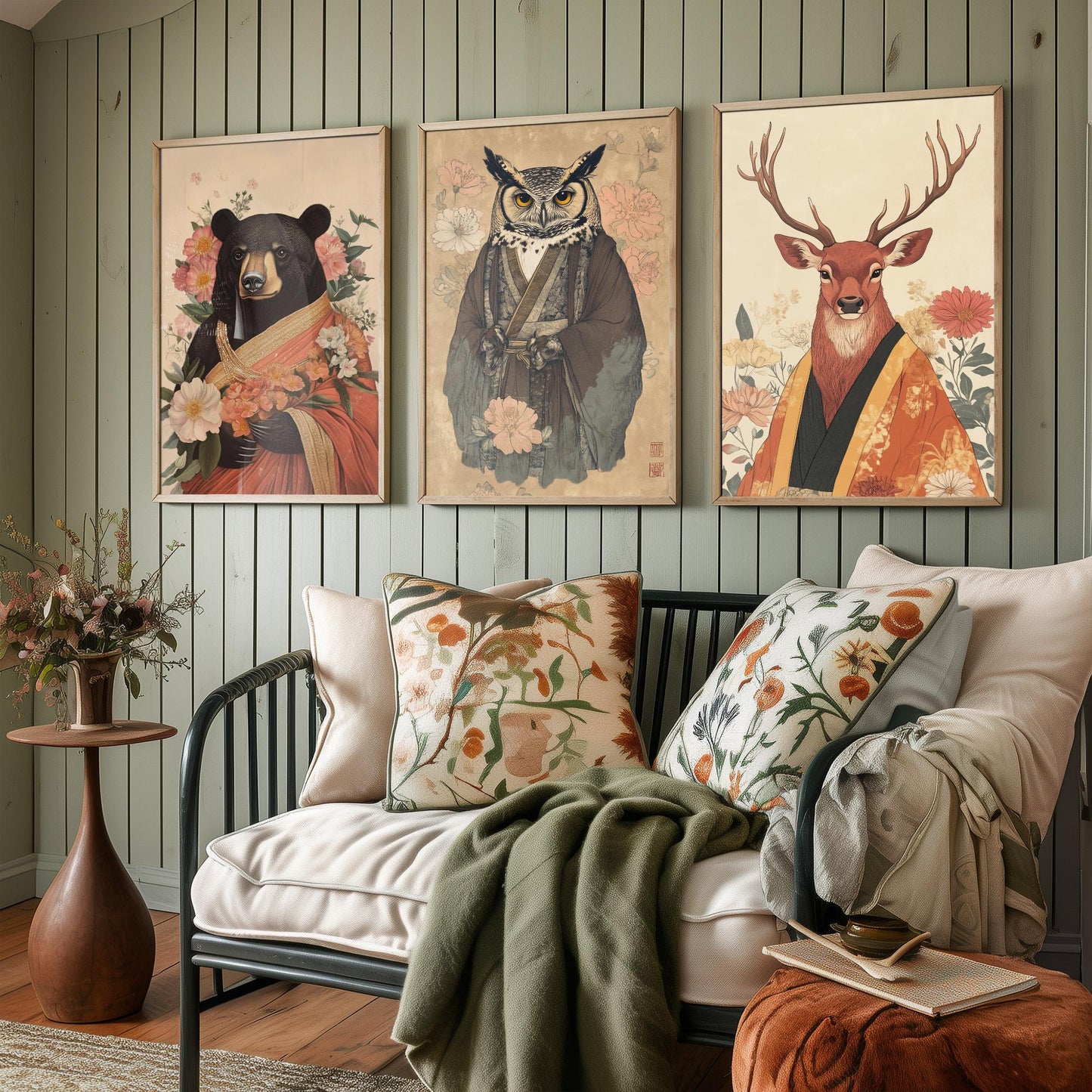Religious Animals Woodland Elders Set of Three Art Prints - 3 Black Bear Great Horned Owl Red Stag Posters - Illustration Gift