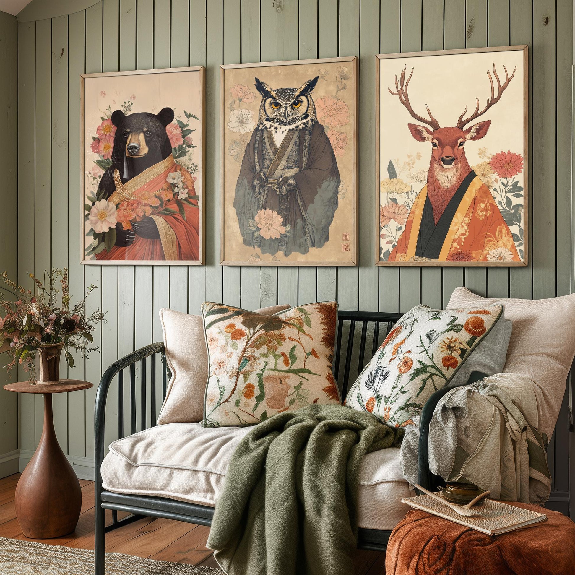 Religious Animals Woodland Elders Set of Three Art Prints - 3 Black Bear Great Horned Owl Red Stag Posters - Illustration Gift