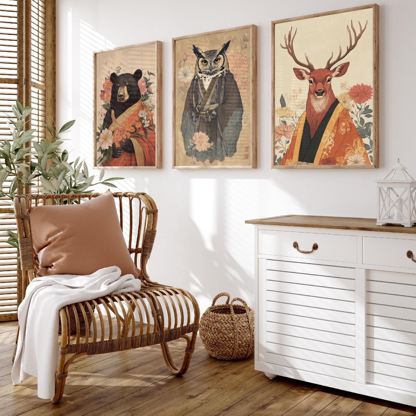 Religious Animals Woodland Elders Set of Three Art Prints - 3 Black Bear Great Horned Owl Red Stag Posters - Illustration Gift