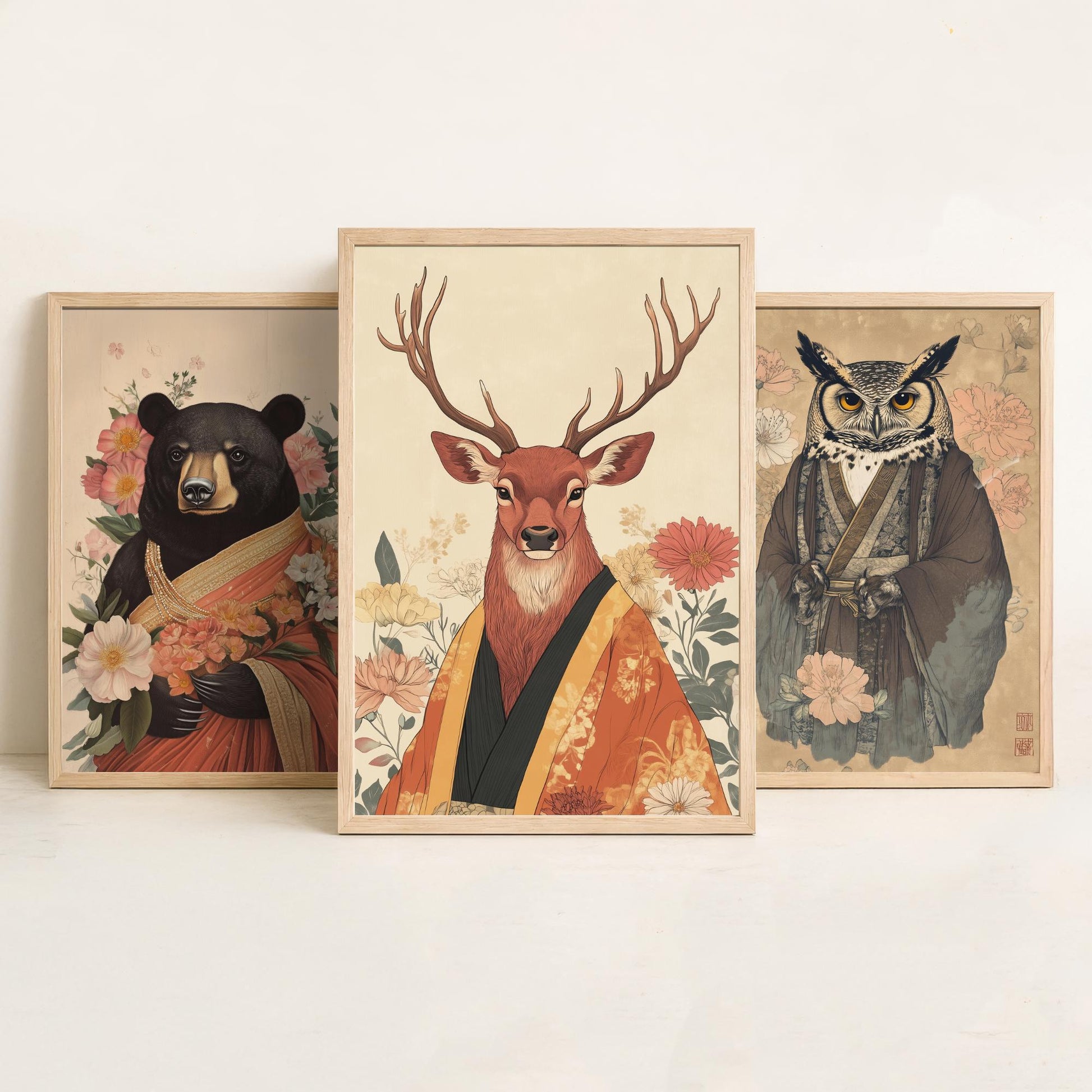 Religious Animals Woodland Elders Set of Three Art Prints - 3 Black Bear Great Horned Owl Red Stag Posters - Illustration Gift