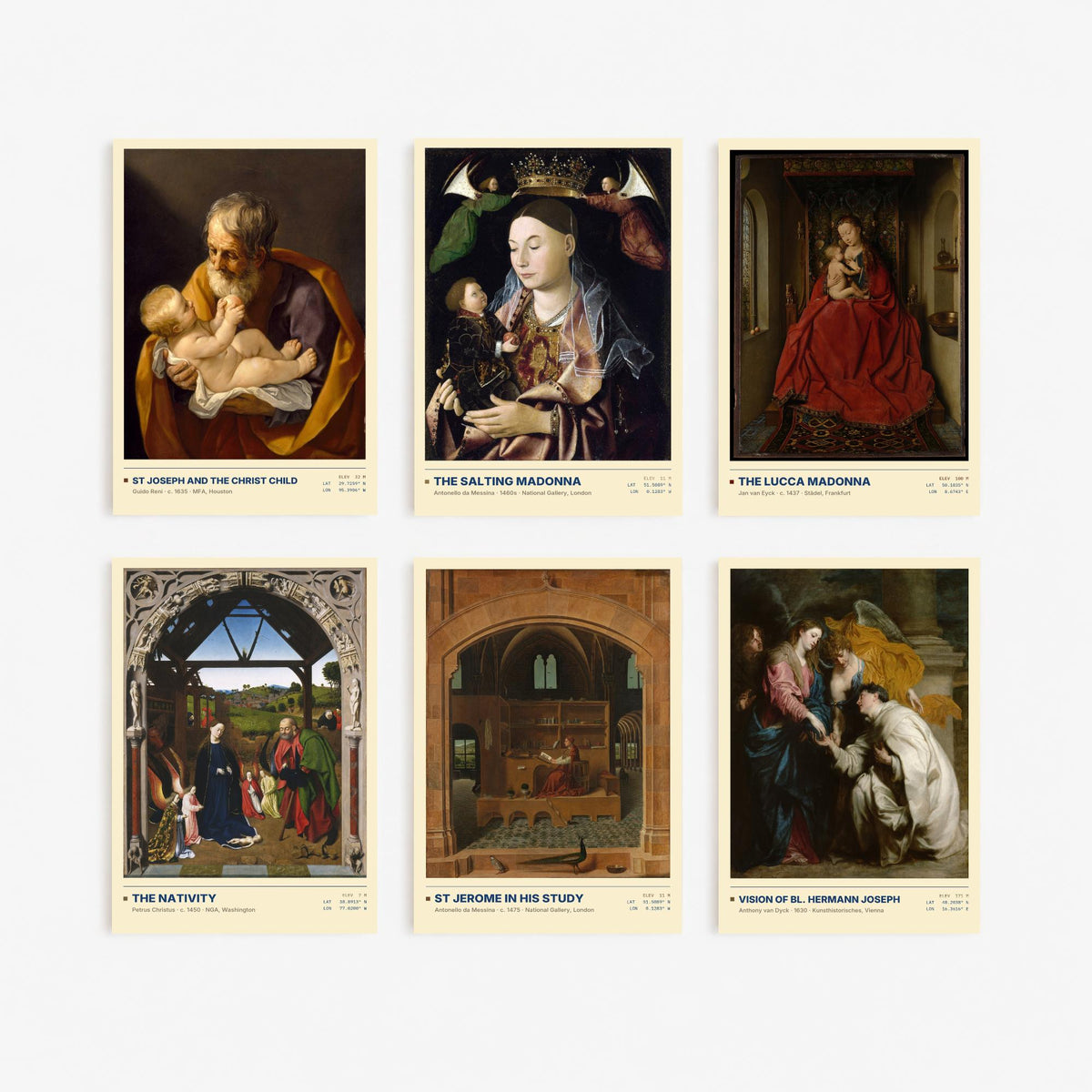 Set of Six Religious Devotion Paintings - 6 Madonna and Saints Art Prints - Van Eyck, Antonello da Messina, Van Dyck - Nativity Poster