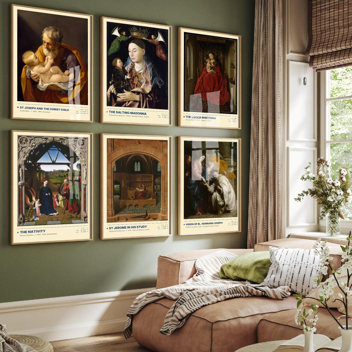Set of Six Religious Devotion Paintings - 6 Madonna and Saints Art Prints - Van Eyck, Antonello da Messina, Van Dyck - Nativity Poster