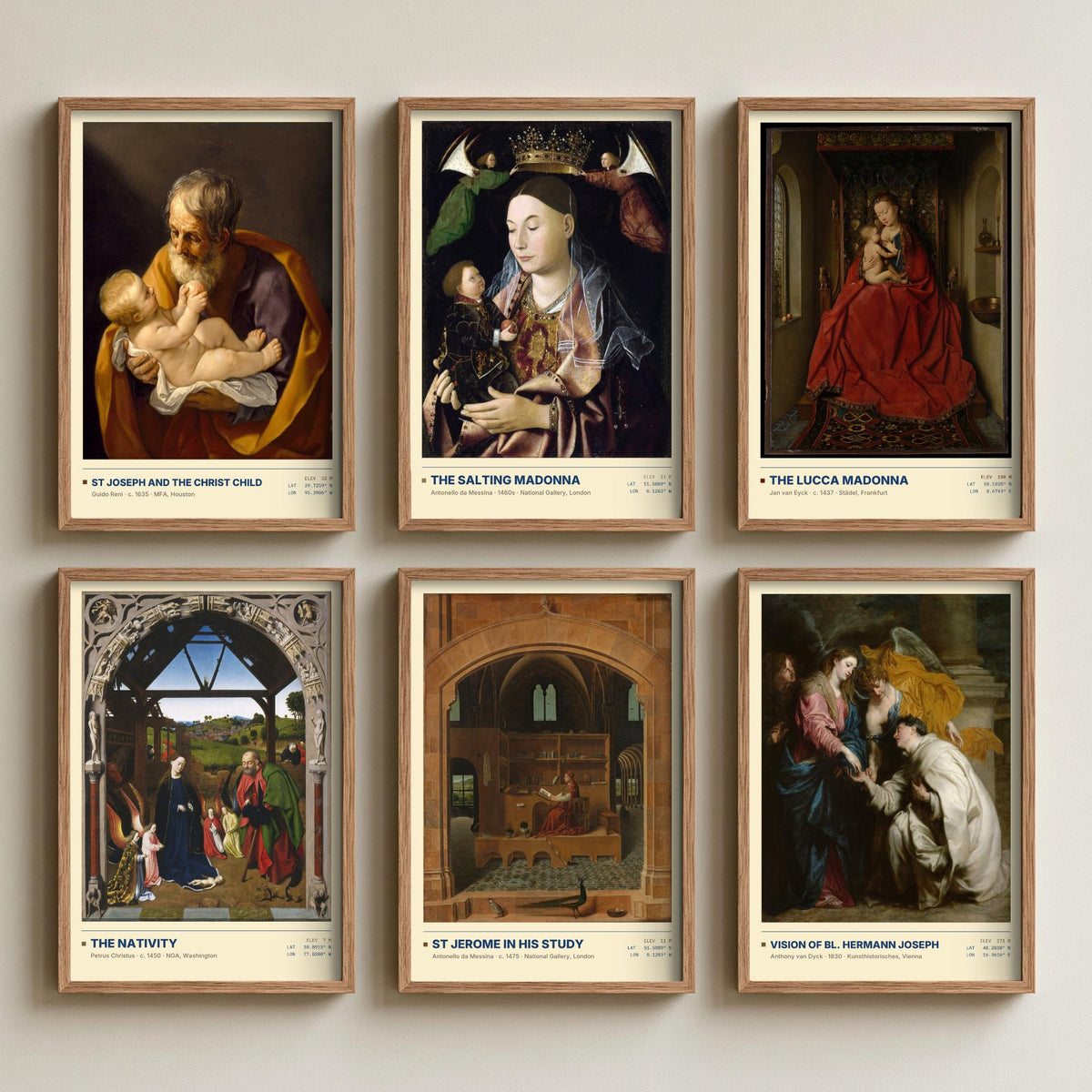 Set of Six Religious Devotion Paintings - 6 Madonna and Saints Art Prints - Van Eyck, Antonello da Messina, Van Dyck - Nativity Poster